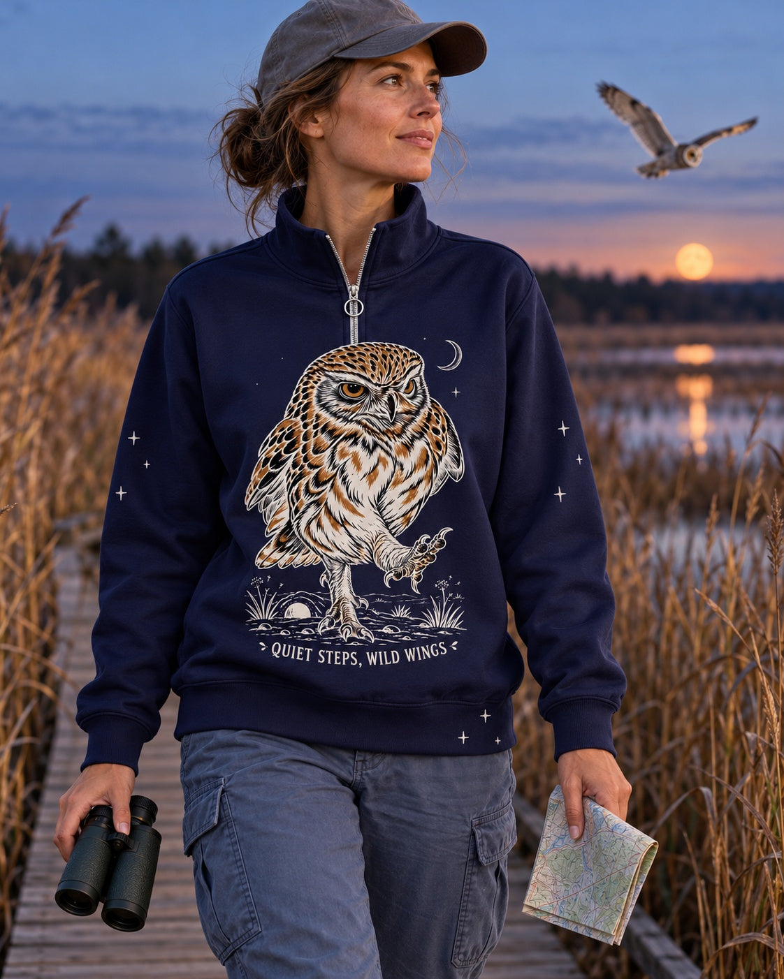 Quiet Steps Owl Birdwatching Quarter-Zip Stretch Sweatshirt Spandex UPF50+