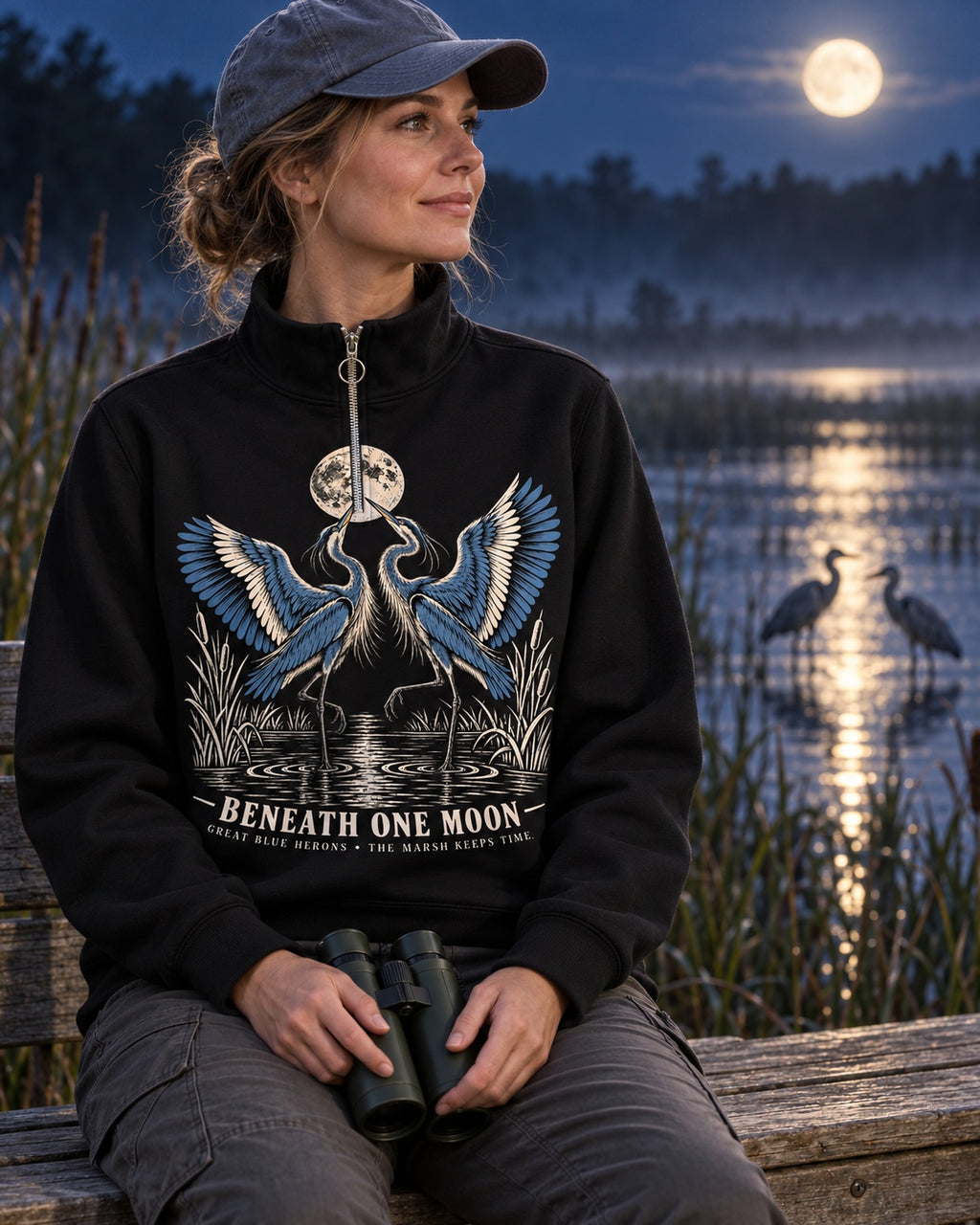 Great Blue Herons Moonlit Marsh Quarter-Zip Stretch Sweatshirt Spandex UPF50+