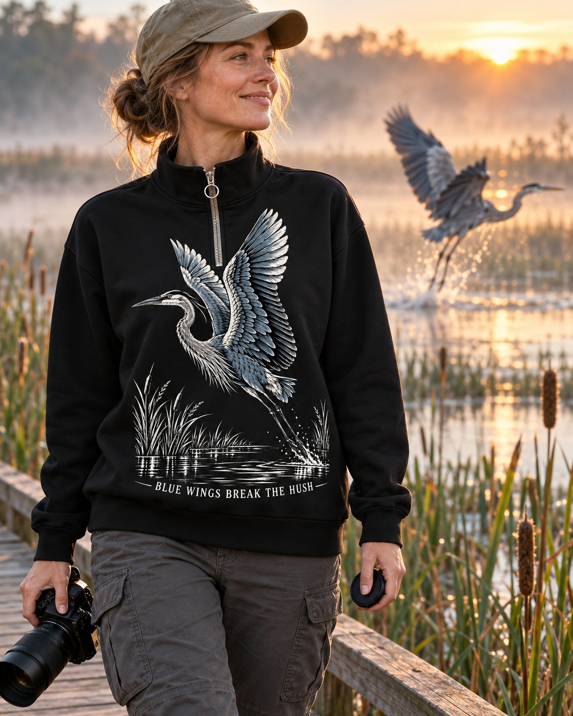Blue Heron Birdwatching Quarter-Zip Stretch Sweatshirt Spandex UPF50+