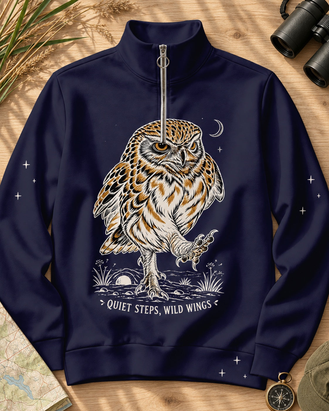 Quiet Steps Owl Birdwatching Quarter-Zip Stretch Sweatshirt Spandex UPF50+
