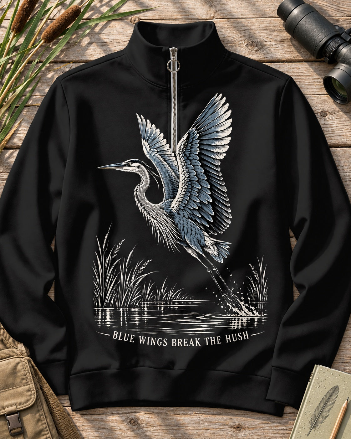 Blue Heron Birdwatching Quarter-Zip Stretch Sweatshirt Spandex UPF50+