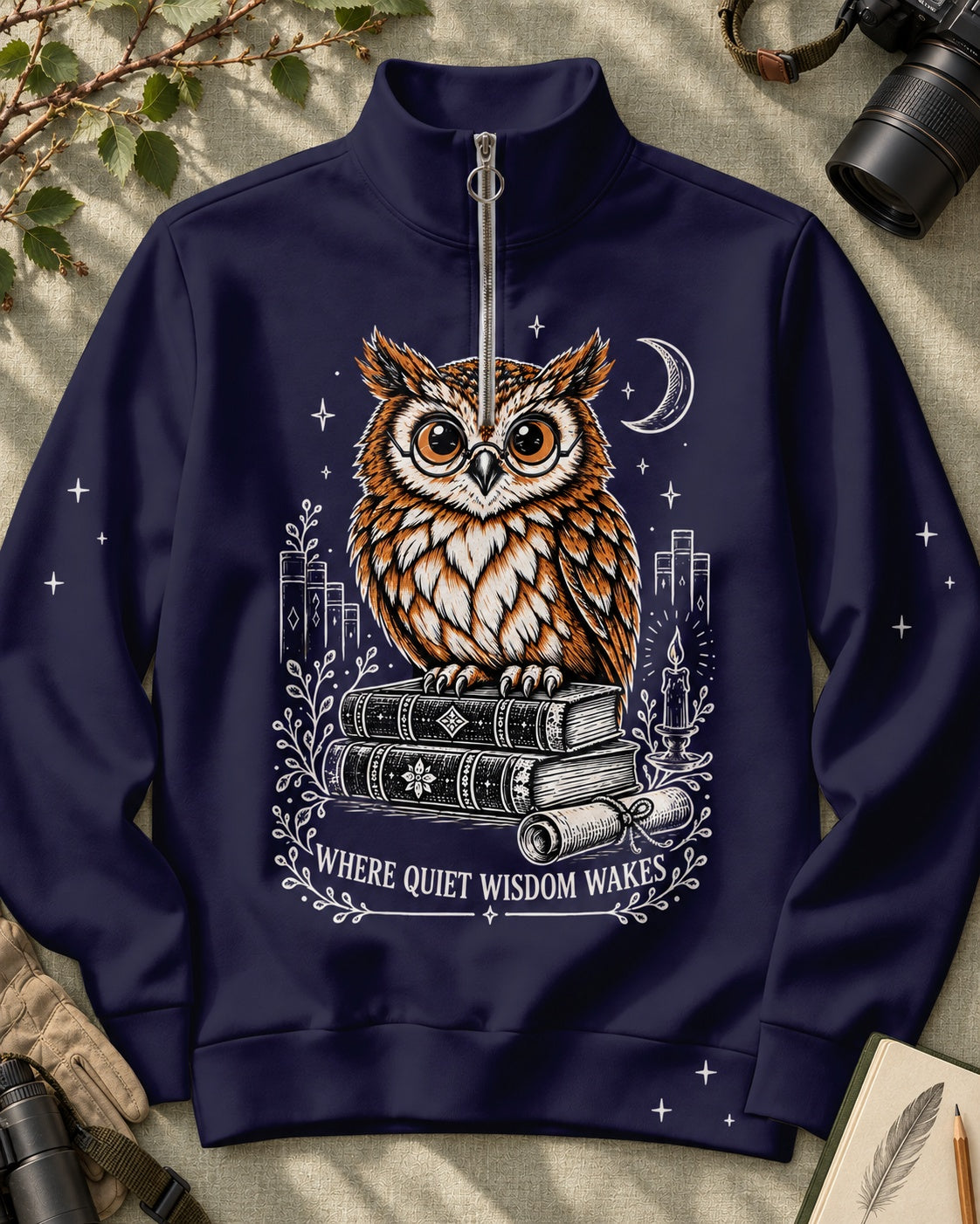 Owl Books Birdwatching Quarter-Zip Stretch Sweatshirt Spandex UPF50+