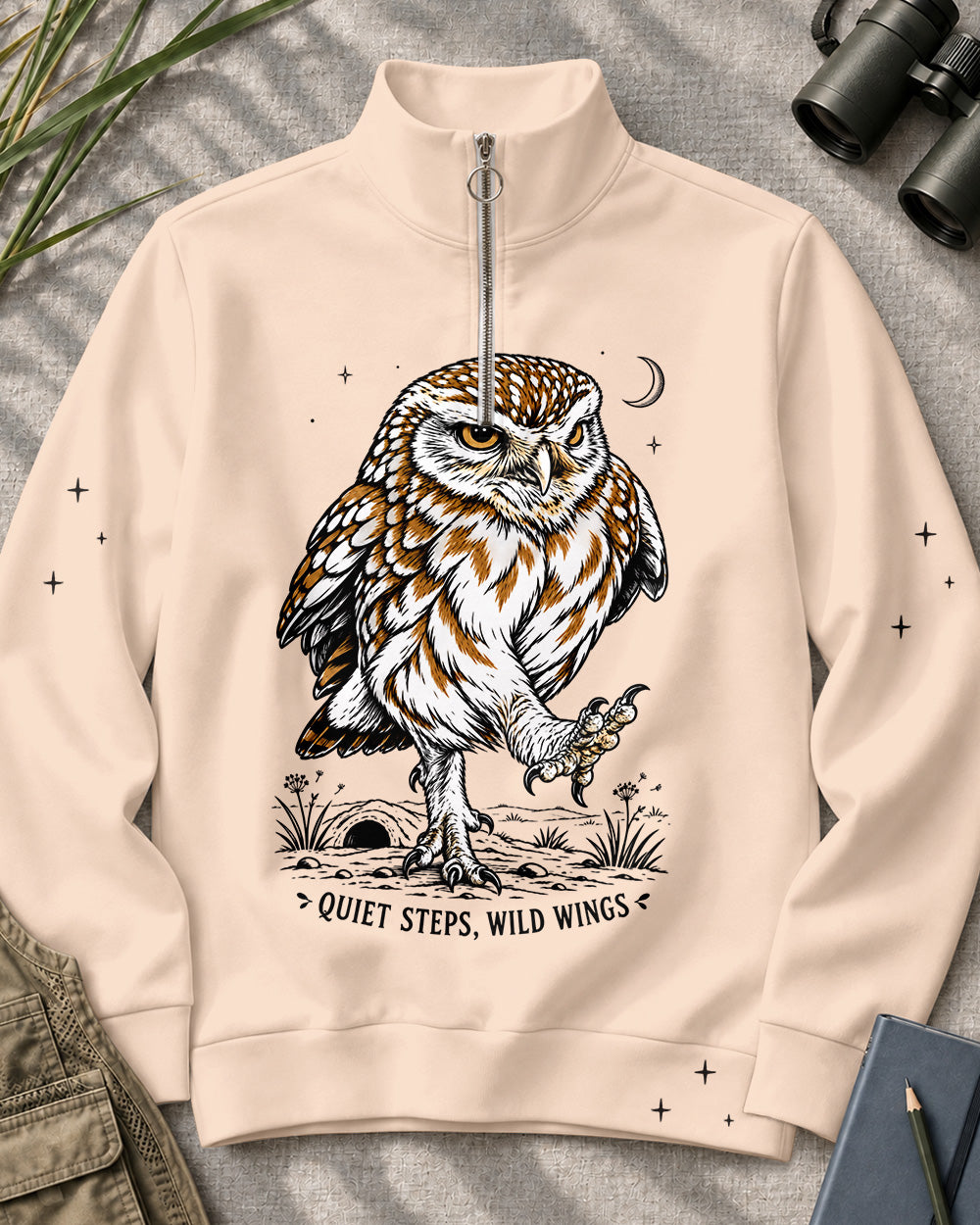 Quiet Steps Owl Birdwatching Quarter-Zip Stretch Sweatshirt Spandex UPF50+