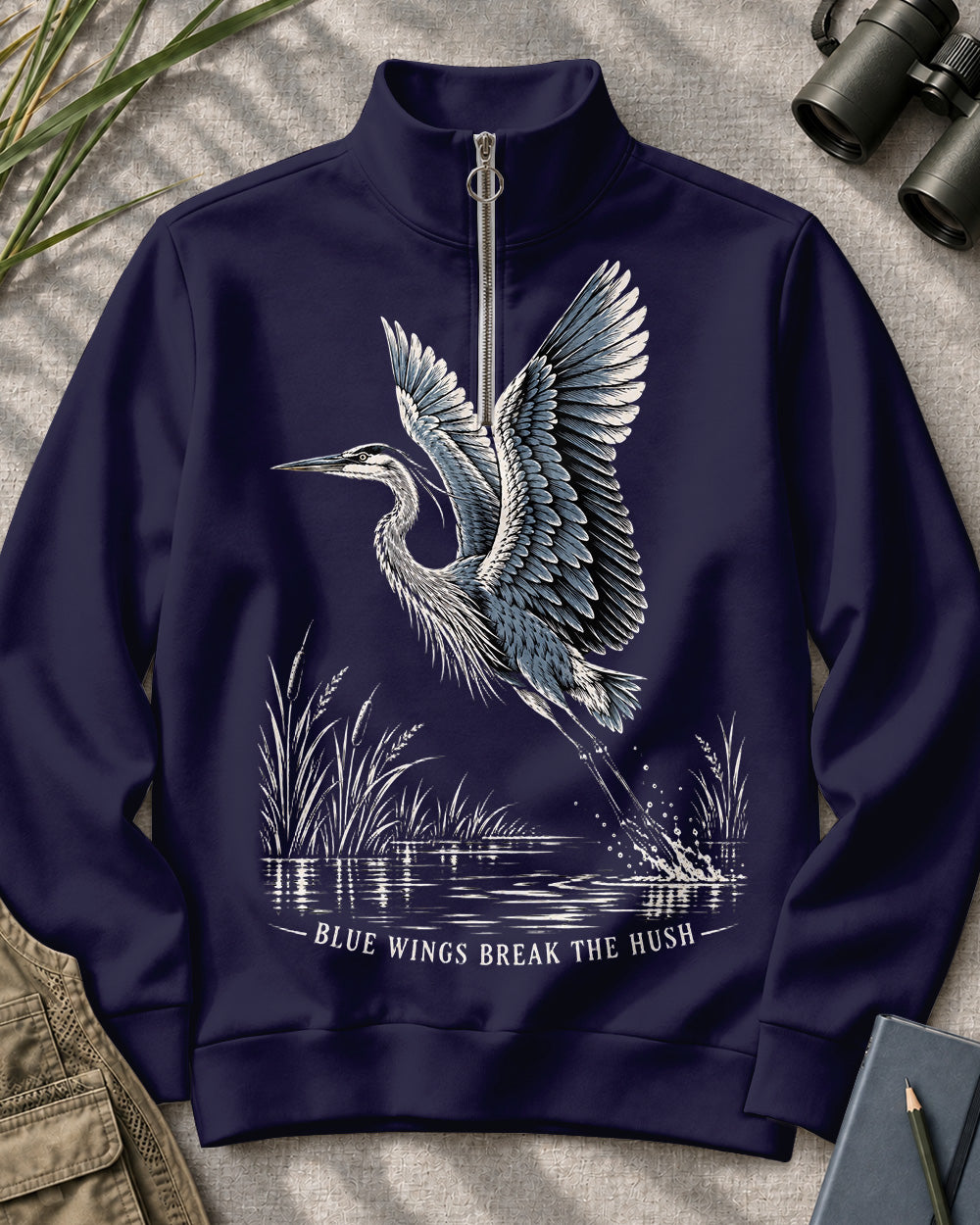 Blue Heron Birdwatching Quarter-Zip Stretch Sweatshirt Spandex UPF50+