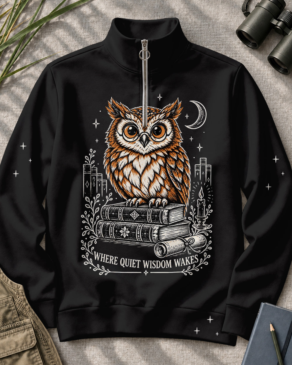 Owl Books Birdwatching Quarter-Zip Stretch Sweatshirt Spandex UPF50+