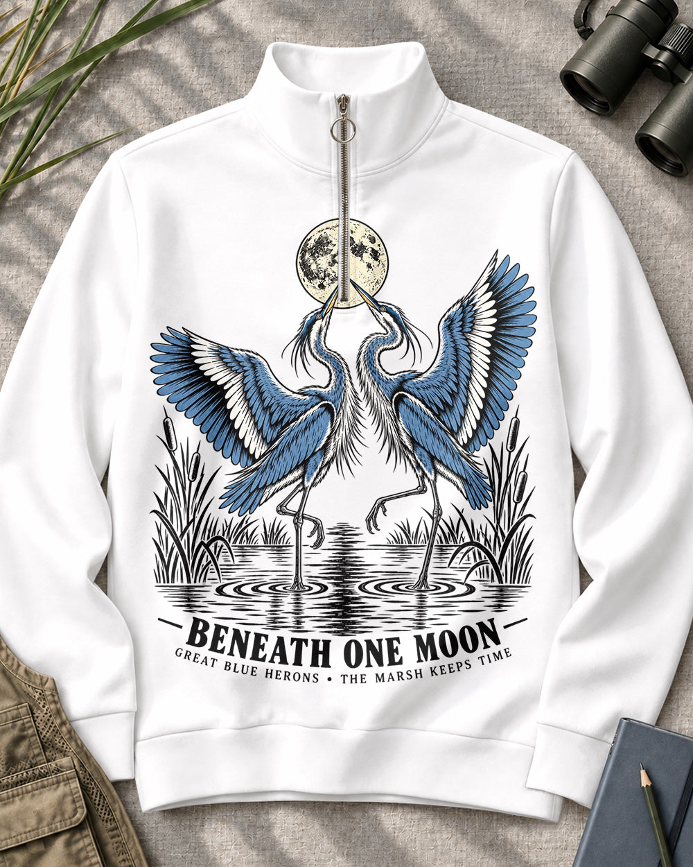 Great Blue Herons Moonlit Marsh Quarter-Zip Stretch Sweatshirt Spandex UPF50+