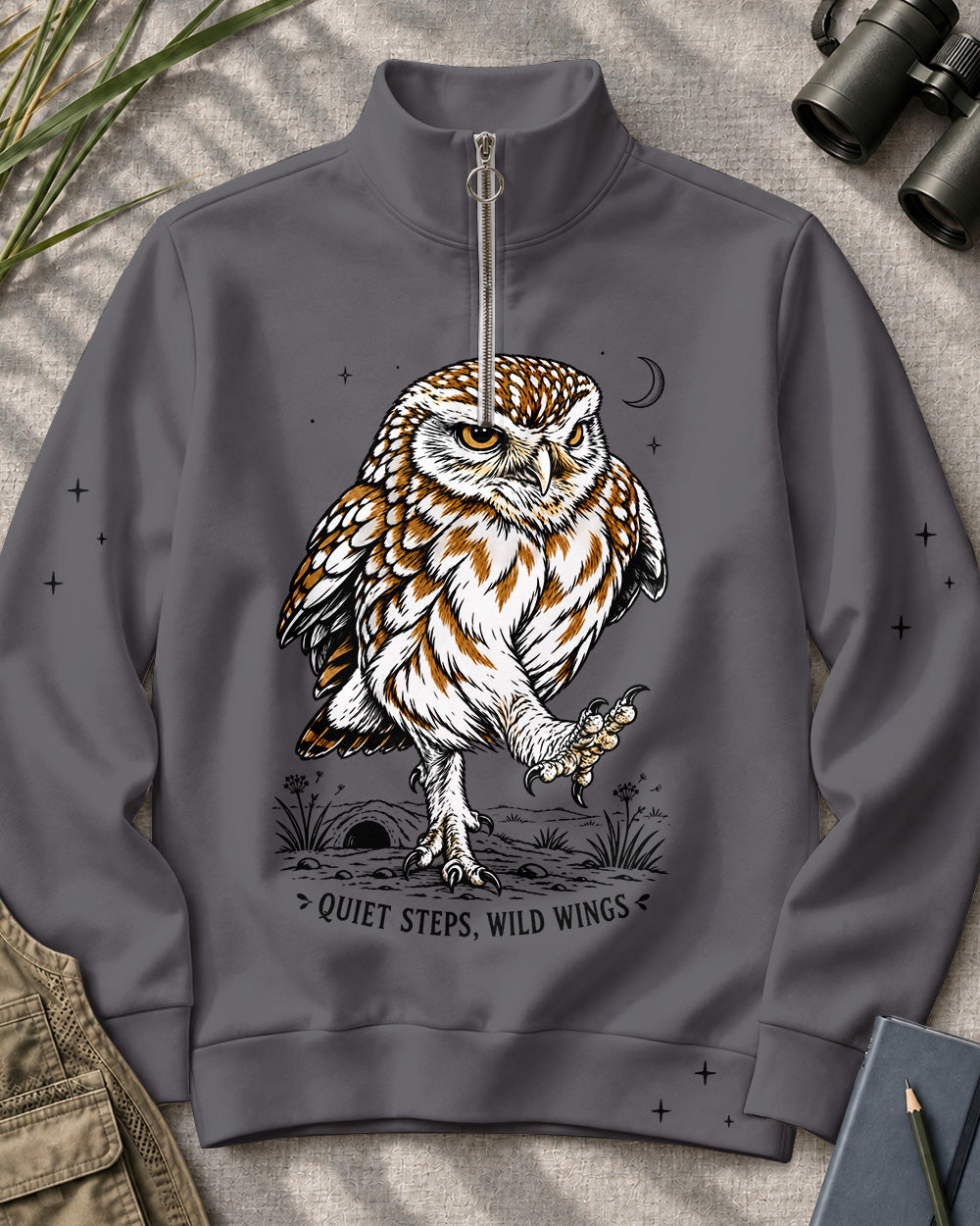 Quiet Steps Owl Birdwatching Quarter-Zip Stretch Sweatshirt Spandex UPF50+