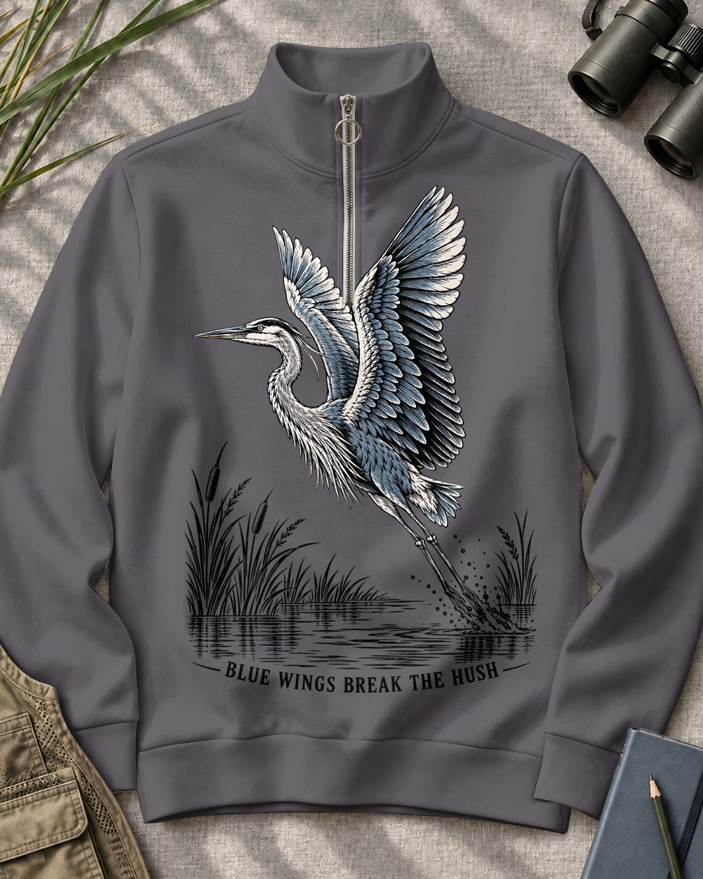 Blue Heron Birdwatching Quarter-Zip Stretch Sweatshirt Spandex UPF50+