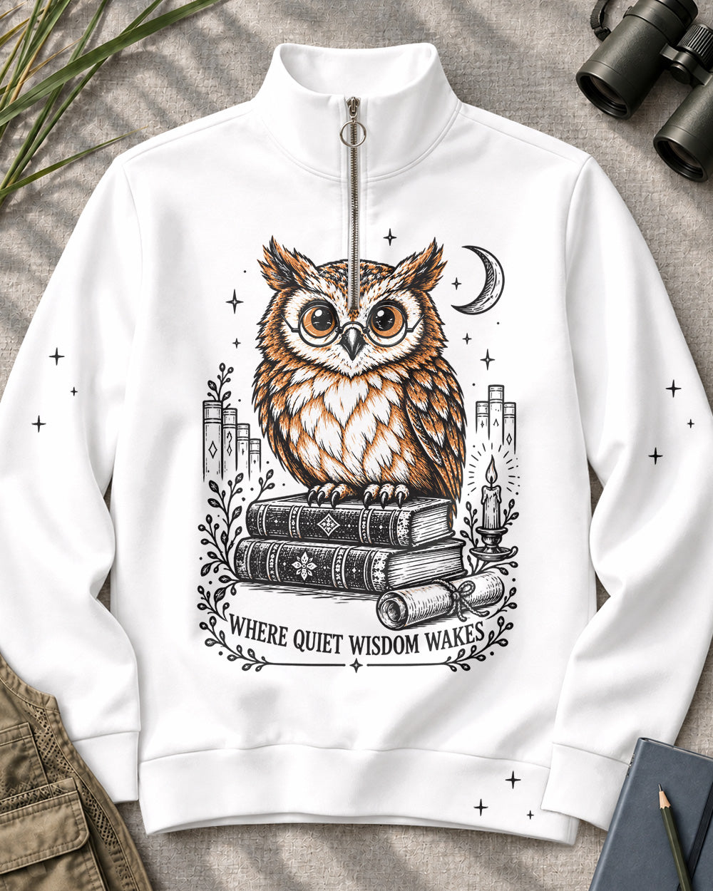 Owl Books Birdwatching Quarter-Zip Stretch Sweatshirt Spandex UPF50+