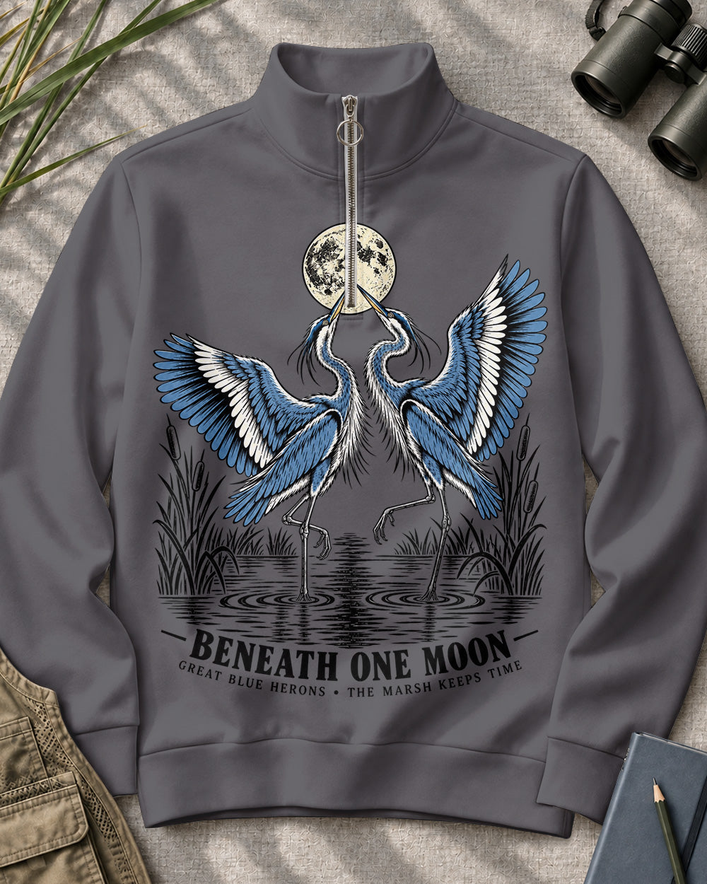 Great Blue Herons Moonlit Marsh Quarter-Zip Stretch Sweatshirt Spandex UPF50+