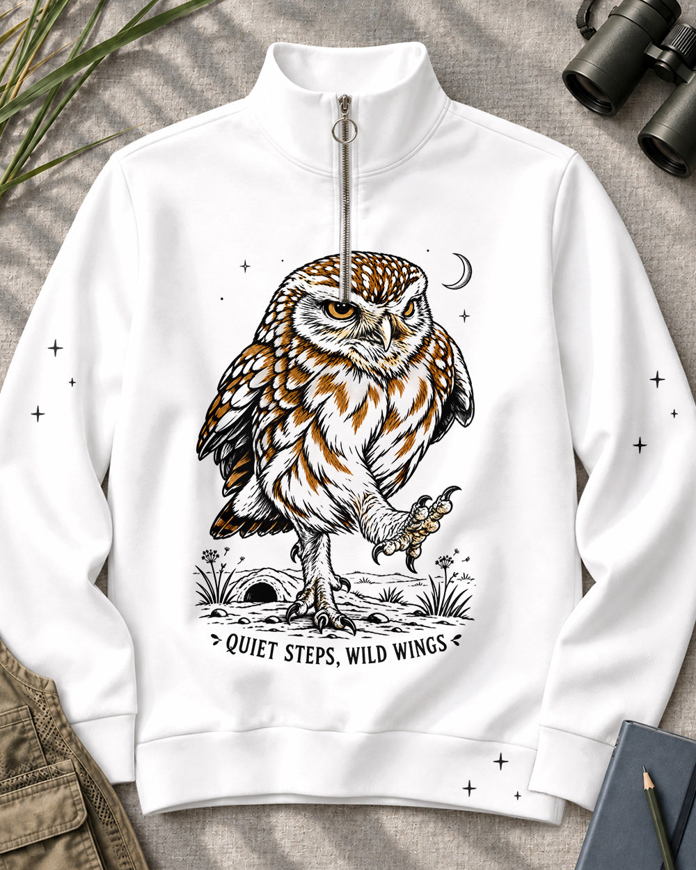 Quiet Steps Owl Birdwatching Quarter-Zip Stretch Sweatshirt Spandex UPF50+