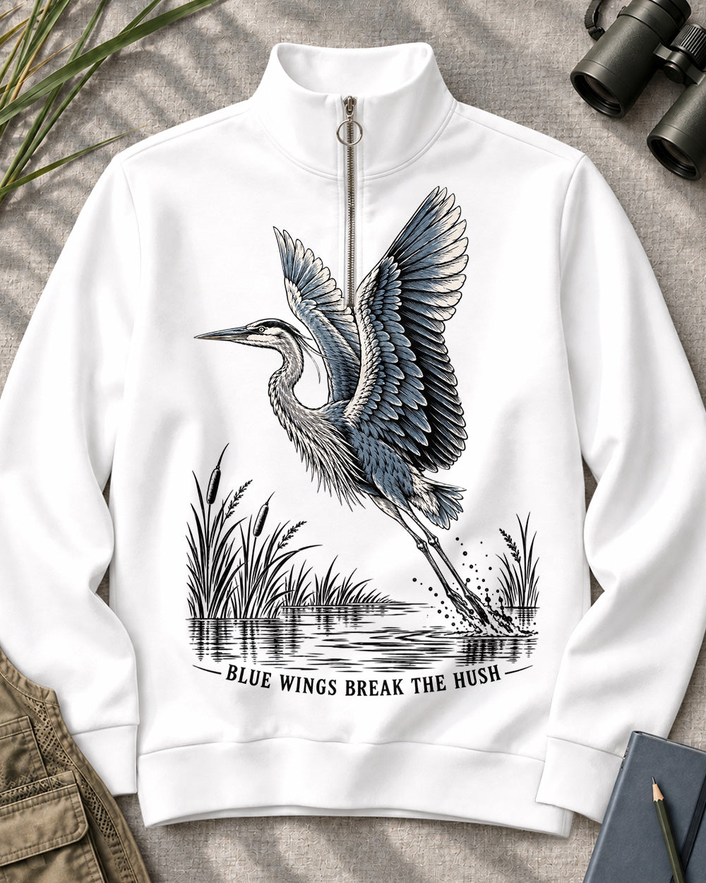 Blue Heron Birdwatching Quarter-Zip Stretch Sweatshirt Spandex UPF50+