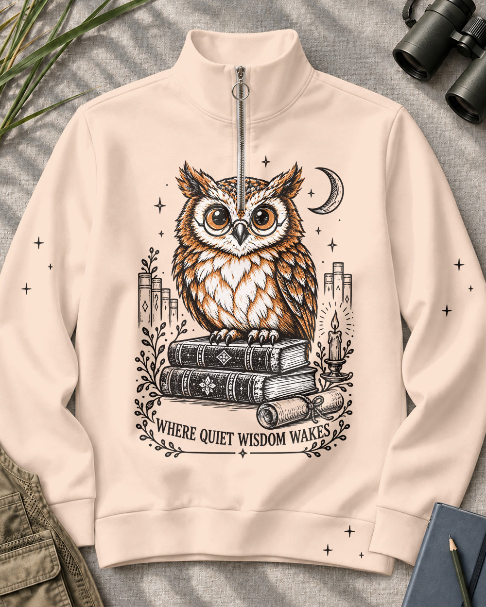 Owl Books Birdwatching Quarter-Zip Stretch Sweatshirt Spandex UPF50+