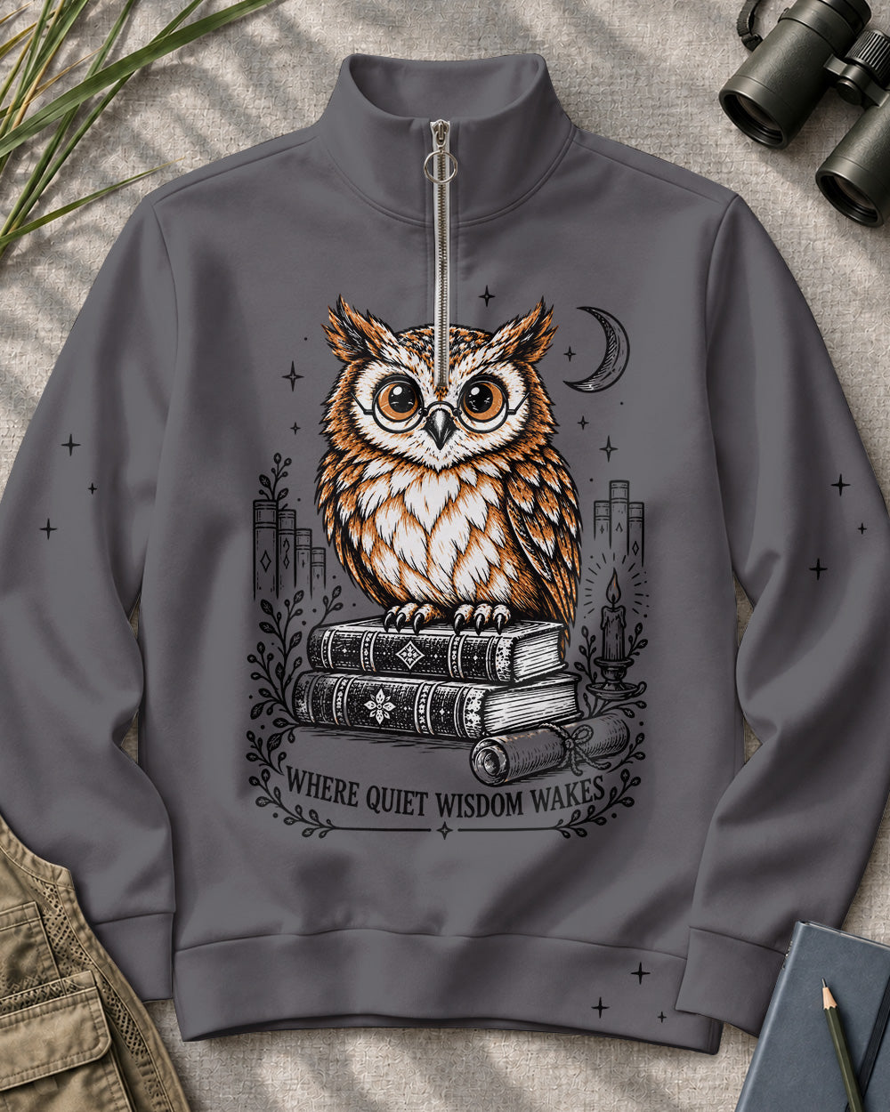 Owl Books Birdwatching Quarter-Zip Stretch Sweatshirt Spandex UPF50+