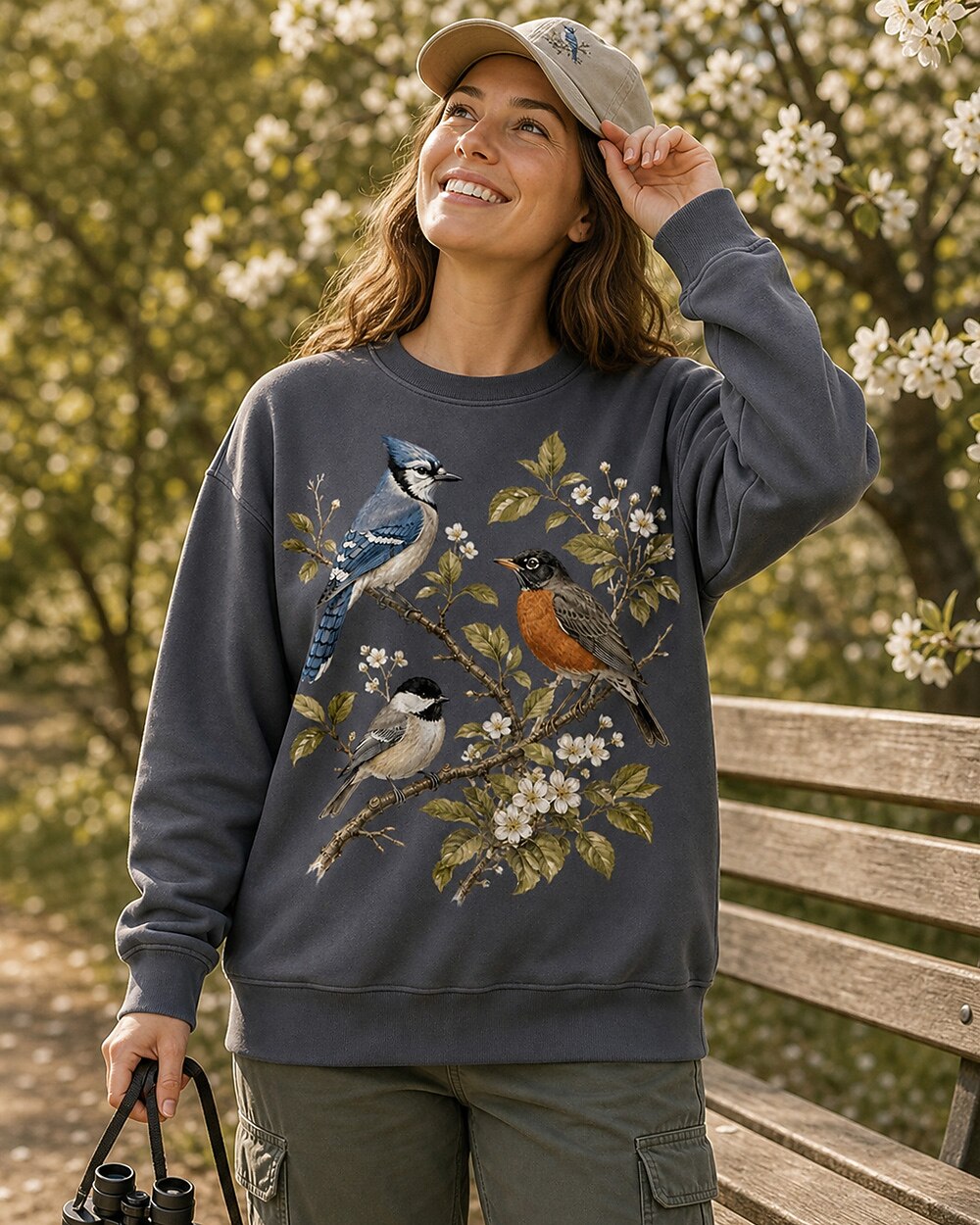 Blue Jay American Robin Chickadee Blossom Branch Sweatshirt