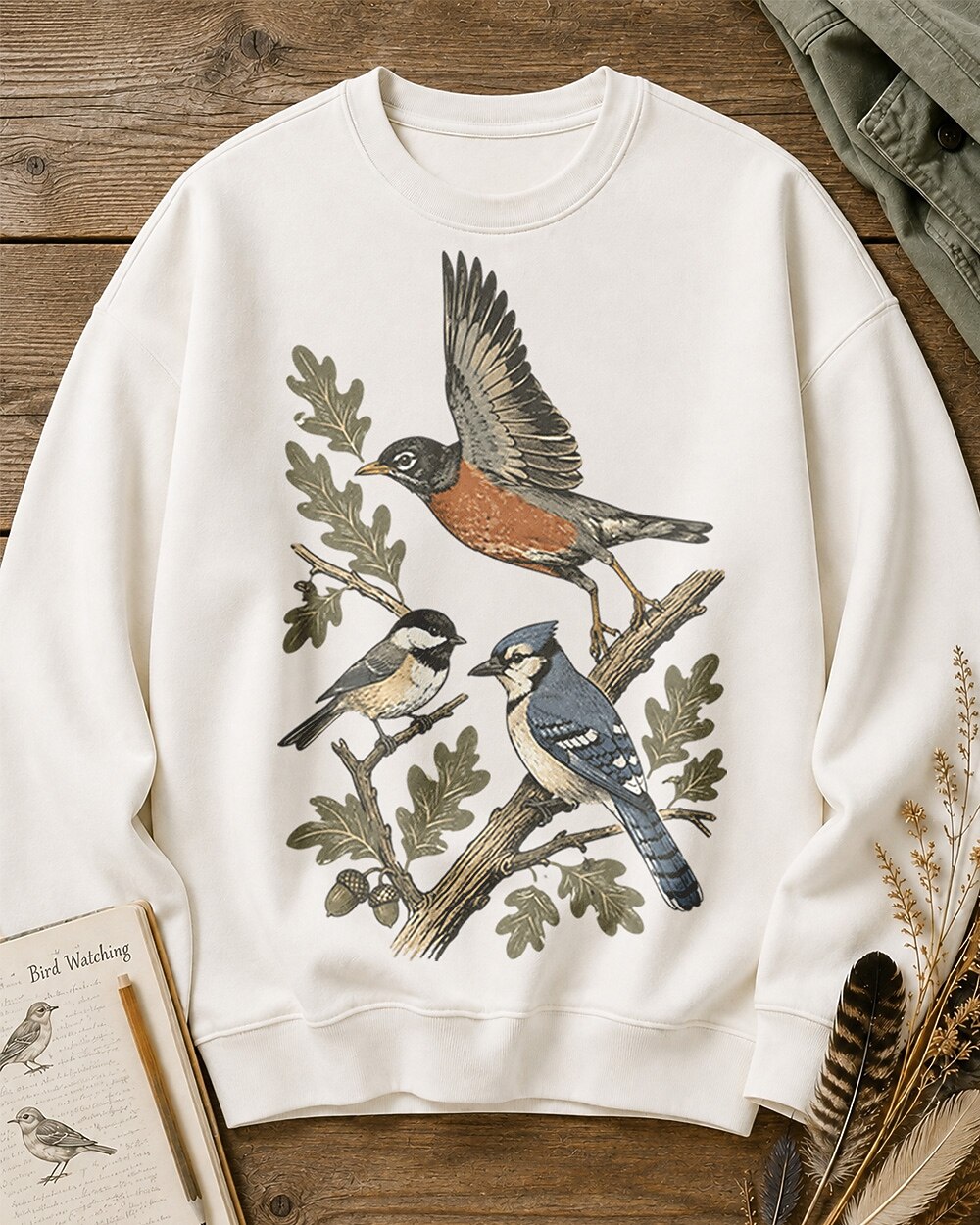 American Robin Chickadee Blue Jay Woodland Birdwatching Sweatshirt