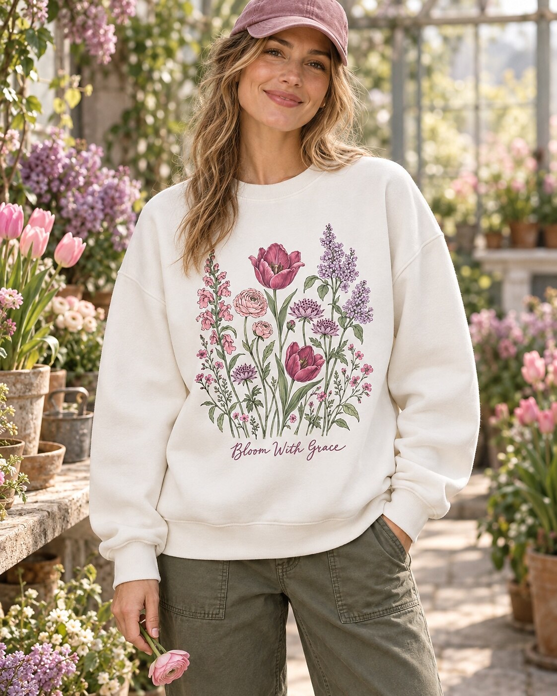 Pink Tulip Ranunculus Lilac Wildflower Garden Sweatshirt