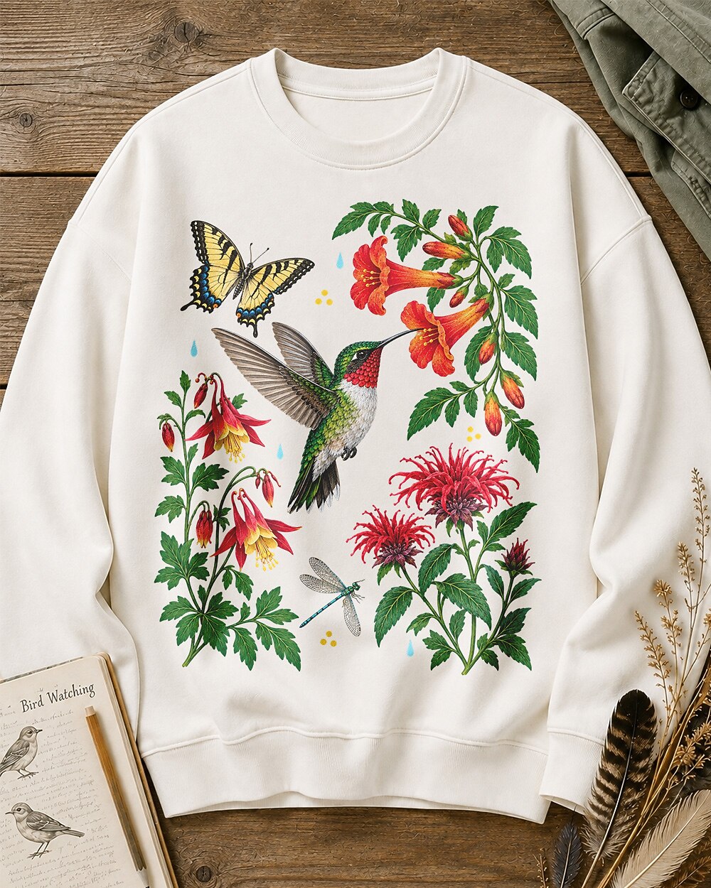 Ruby Throated Hummingbird Wildflower Garden Bird Watching Sweatshirt