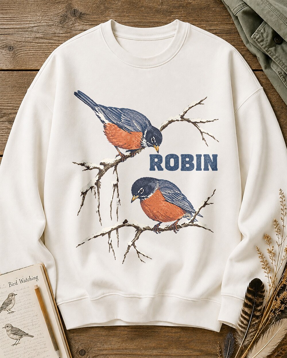 American Robin Pair Snowy Branch Winter Sweatshirt