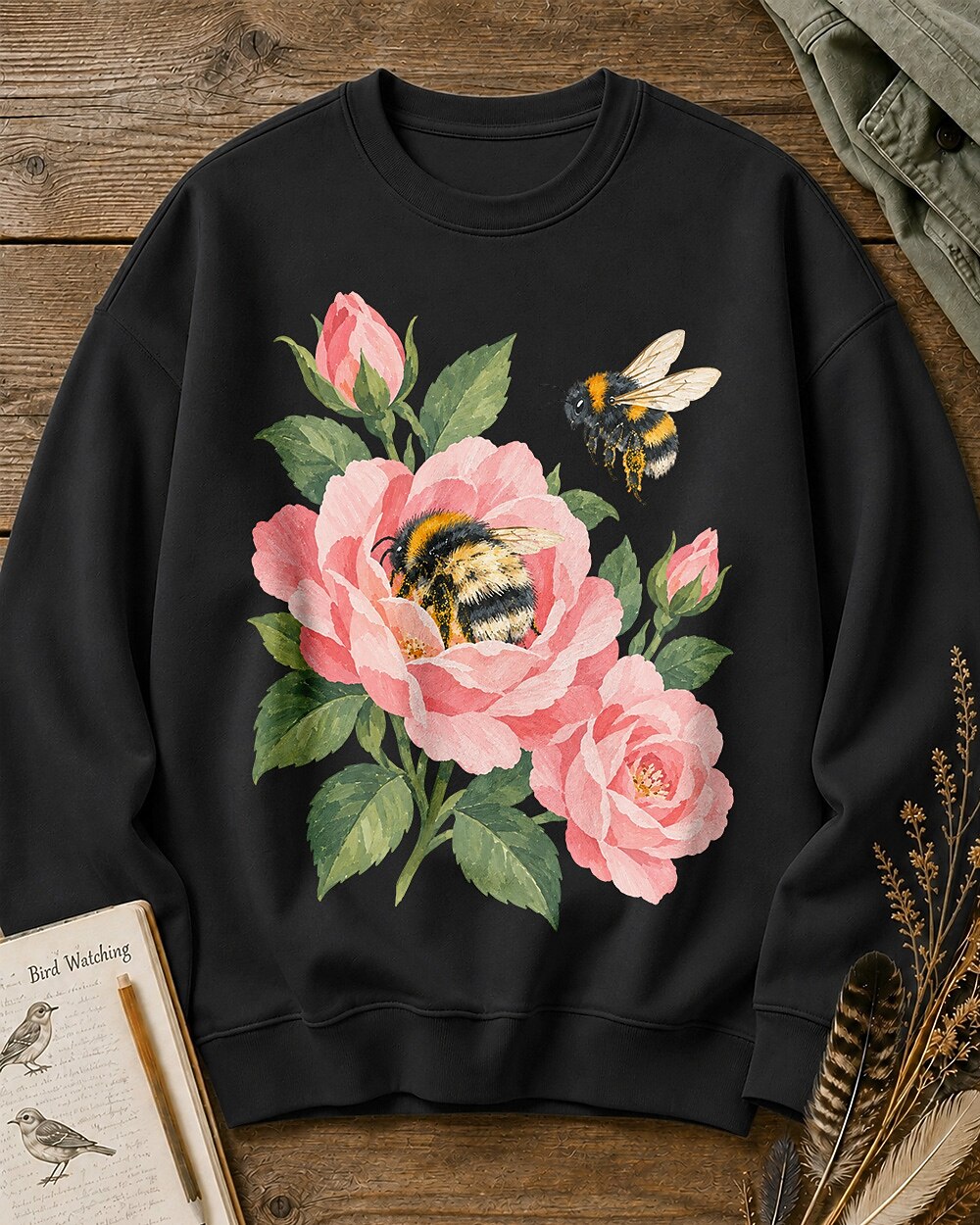 Rose Bee Garden Floral Botanical Graphic Sweatshirt