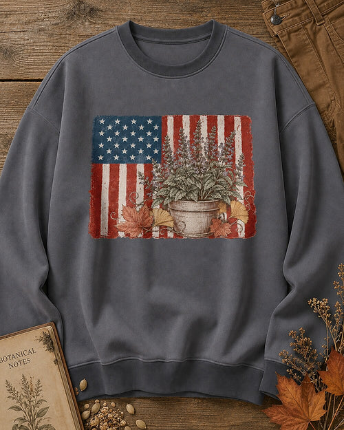 American Flag Potted Herb Autumn Garden Sweatshirt for garden and nature lovers – product image 1