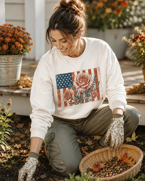 American Flag Rose Vintage Botanical Garden Sweatshirt for garden and nature lovers – product image 2