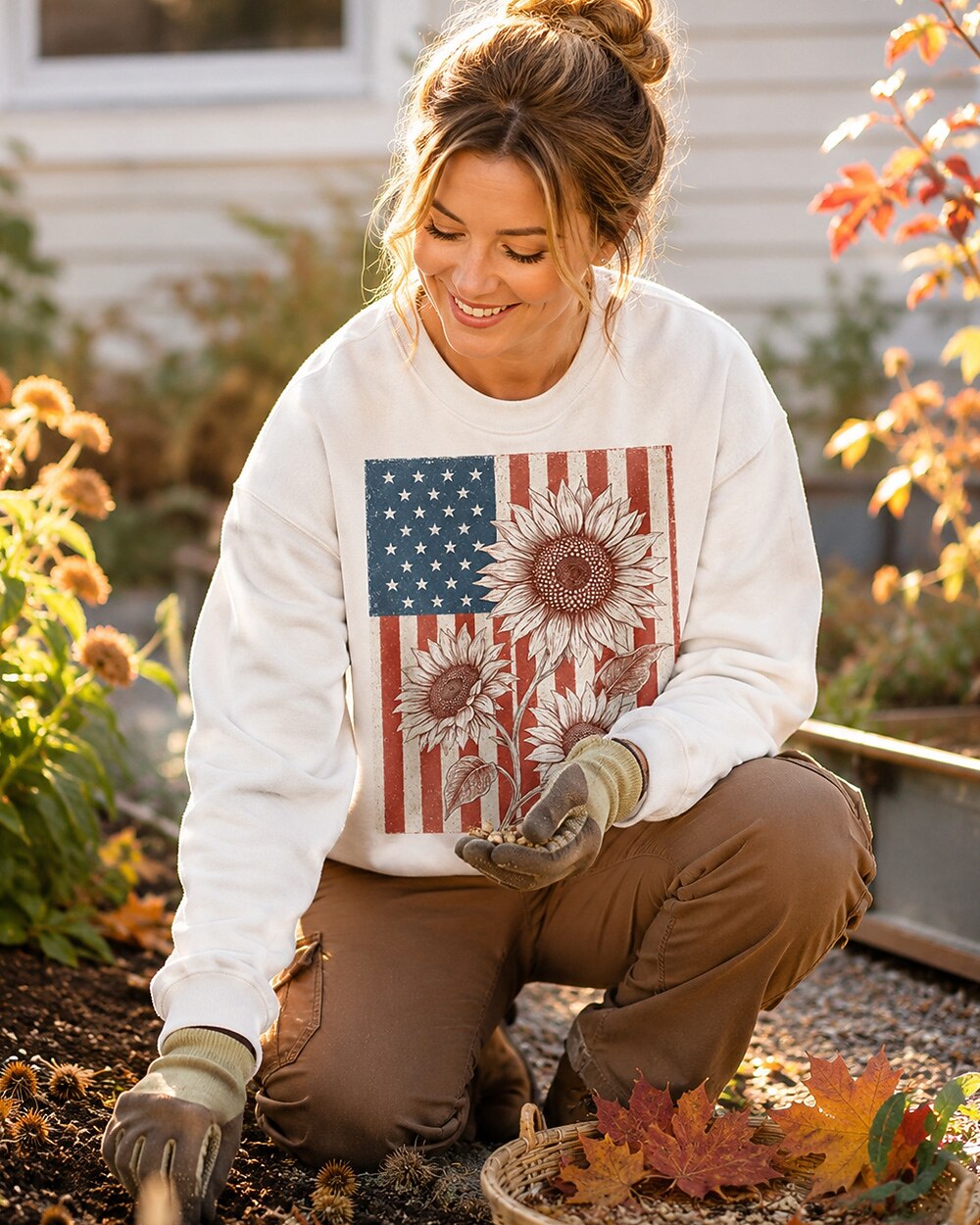 American Flag Sunflower Vintage Botanical Sketch Sweatshirt for garden and nature lovers – product image 2