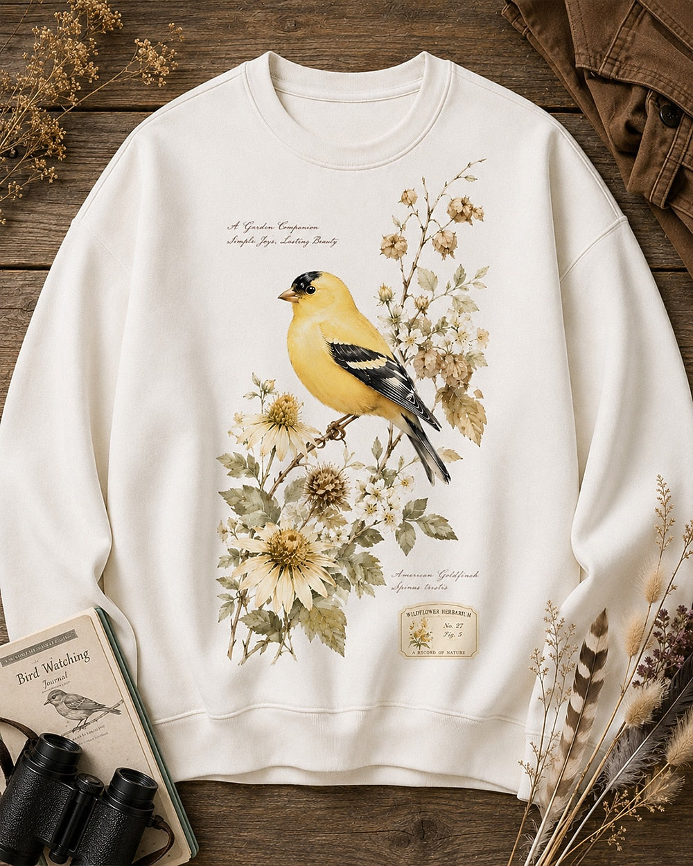 American Goldfinch Coneflower Birding Graphic Crewneck Sweatshirt for birdwatching and garden lovers – product image 1