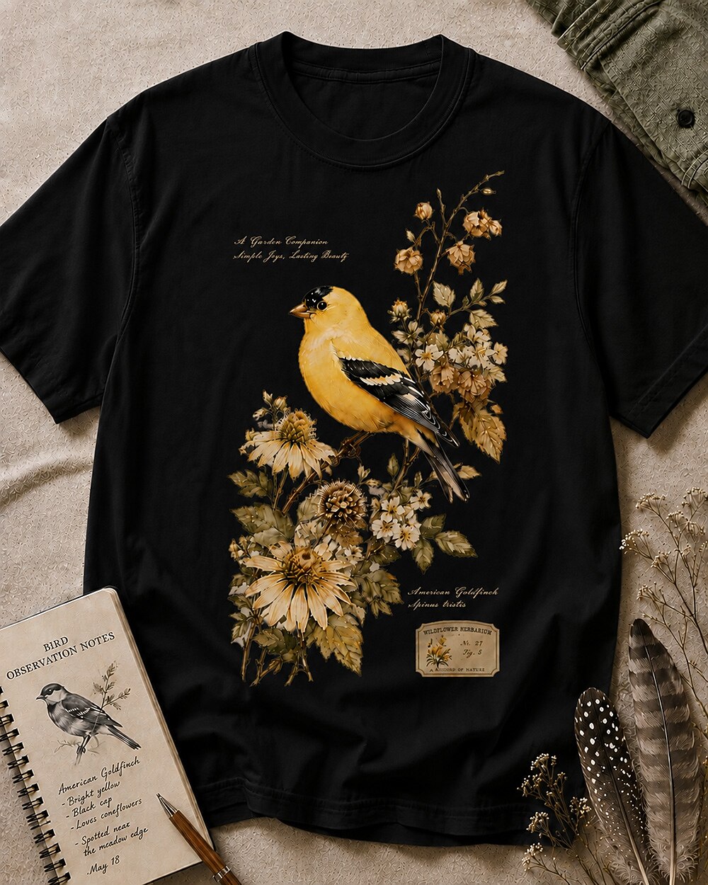 100% Cotton American Goldfinch Coneflower T-Shirt for birdwatching and garden lovers – product image 6