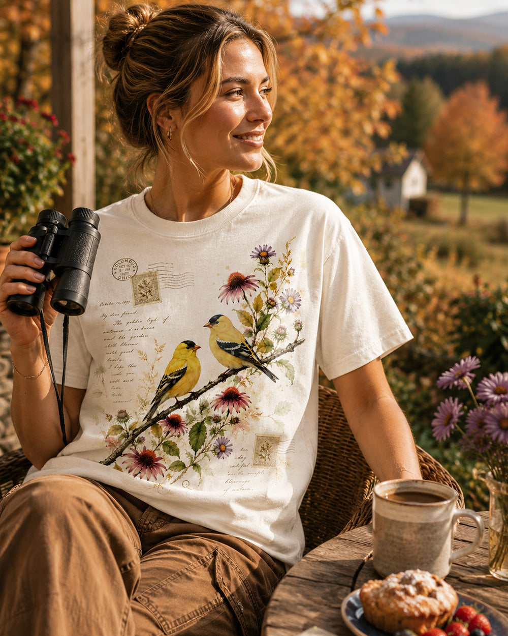100% Cotton American Goldfinch Coneflower T-Shirt for birdwatching and garden lovers – product image 2