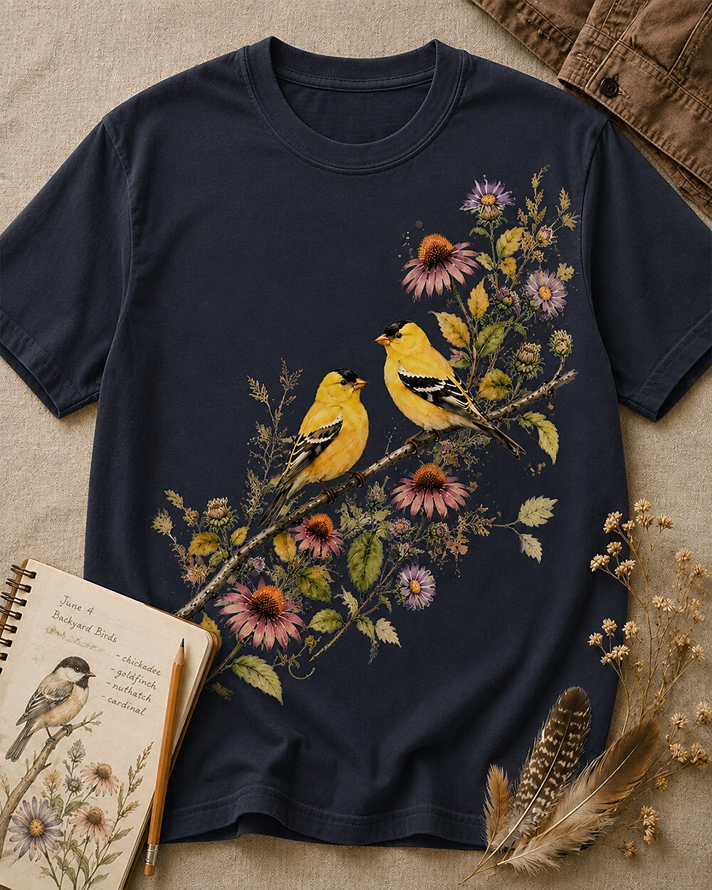 100% Cotton American Goldfinch Coneflower T-Shirt for birdwatching and garden lovers – product image 6