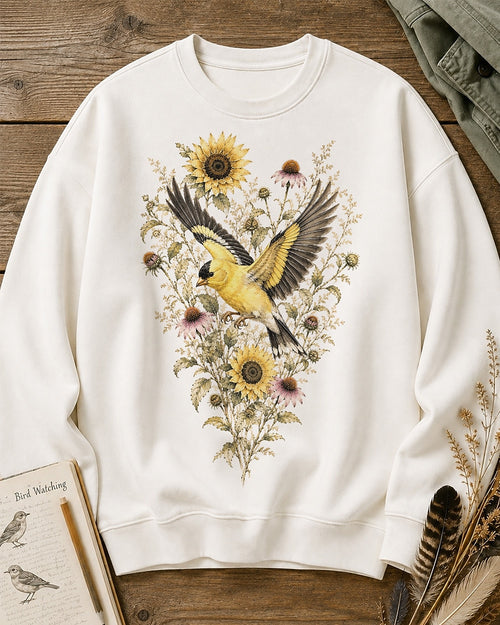 American Goldfinch Sunflower Bird Lover Crewneck Sweatshirt for birdwatching and garden lovers – product image 1