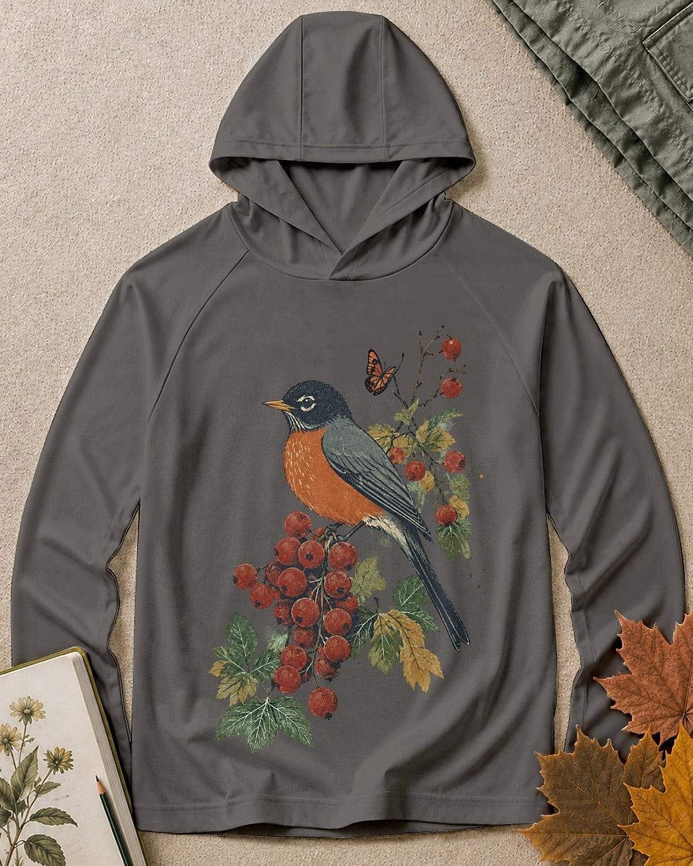 UPF 50+ American Robin Berry Branch Birdwatching Sun Hoodie for birdwatching enthusiasts – product image 7