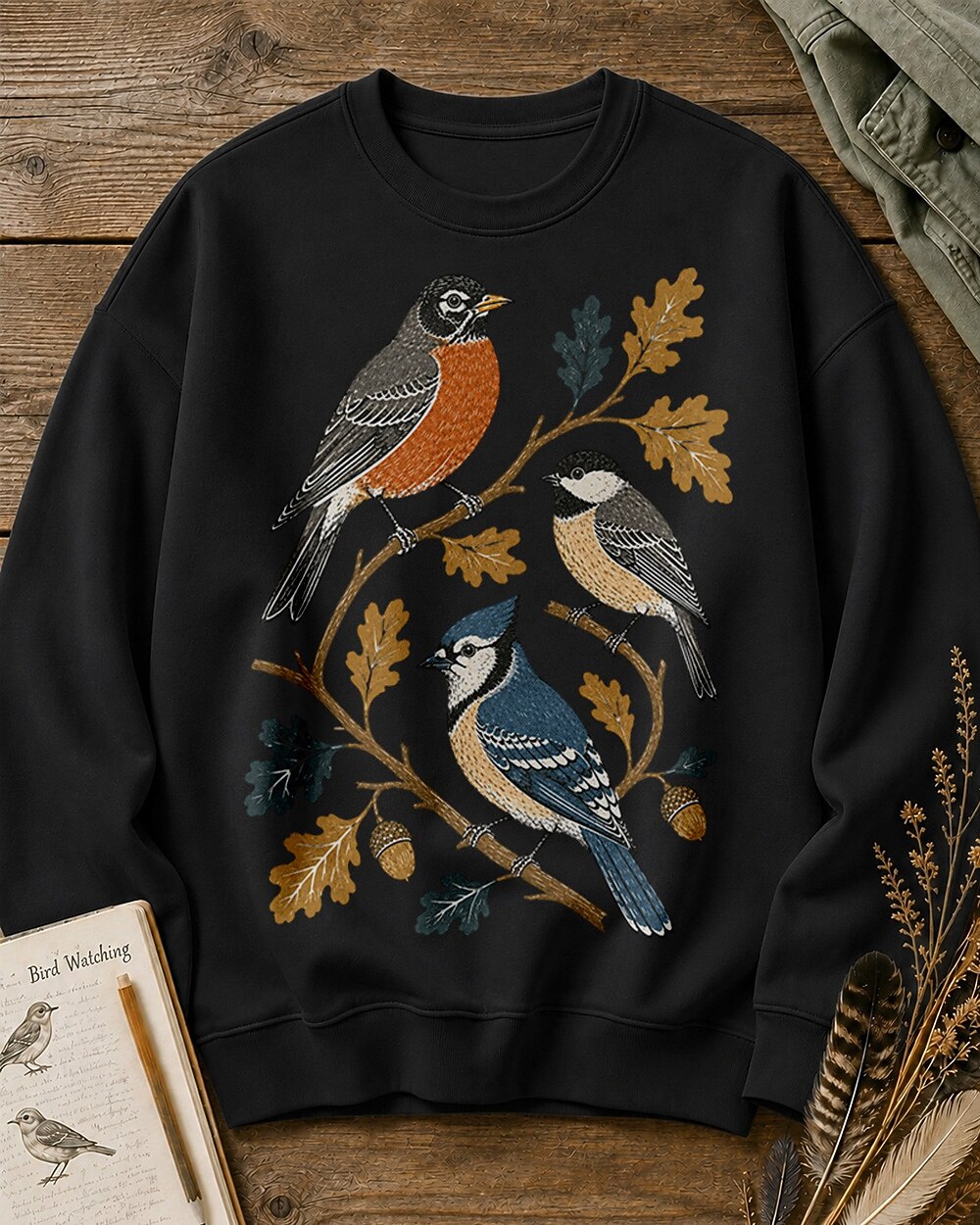 American Robin Blue Jay Autumn Oak Leaf Sweatshirt for birdwatching and garden lovers – product image 6
