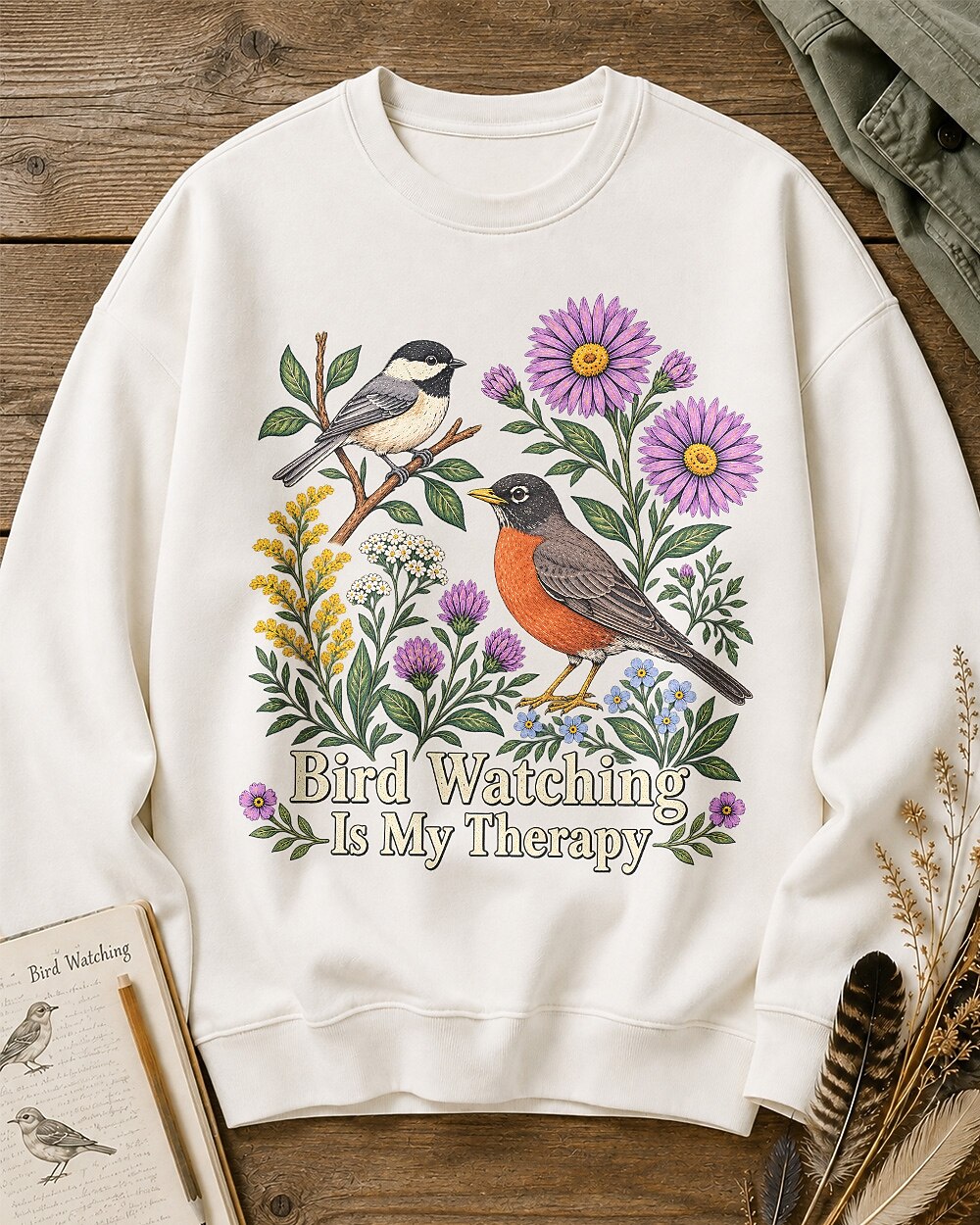 American Robin Chickadee Bird Watching Therapy Wildflower Sweatshirt for birdwatching and garden lovers – product image 5