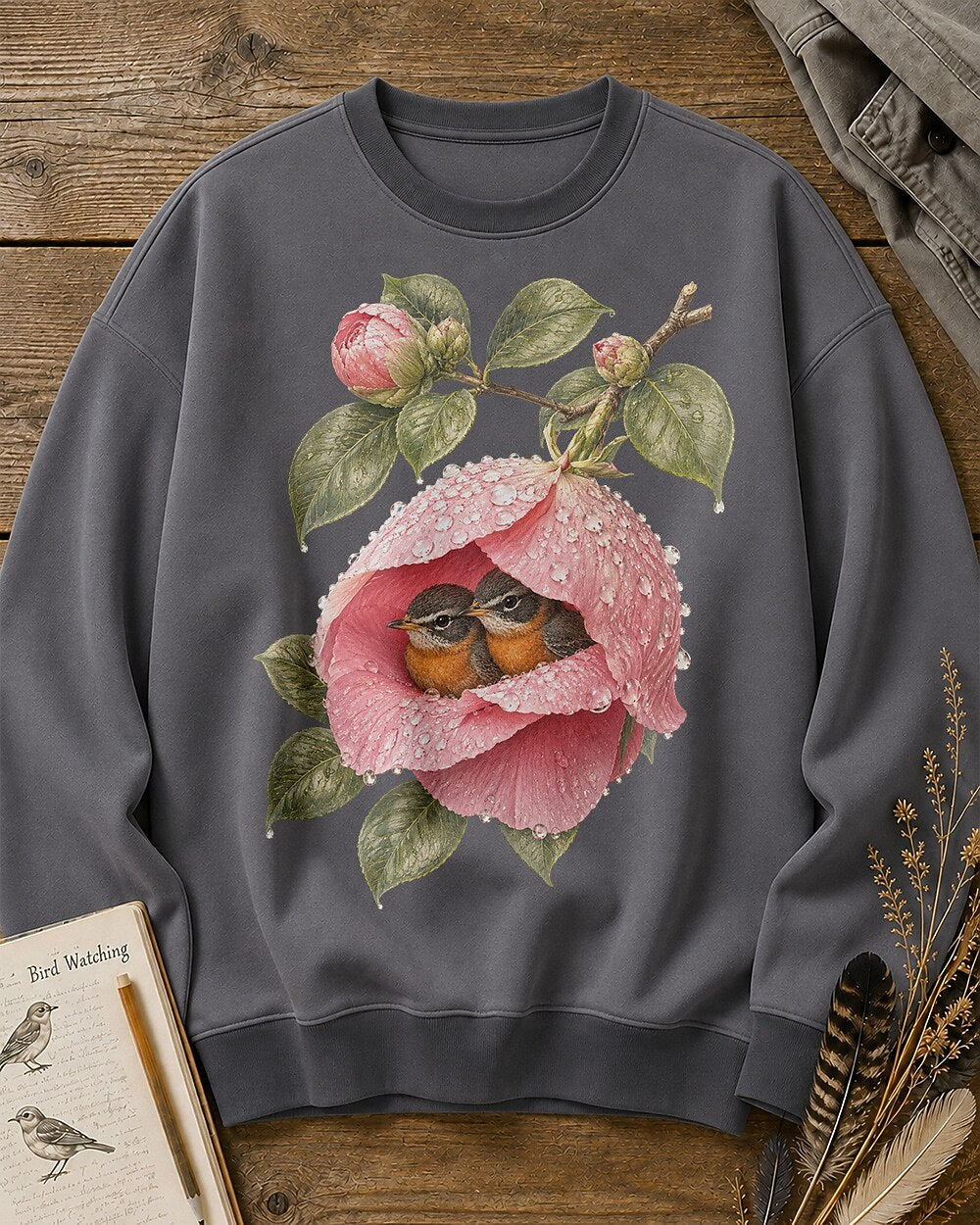 American Robin Nesting Rose Flower Birdwatching Sweatshirt for birdwatching and garden lovers – product image 5