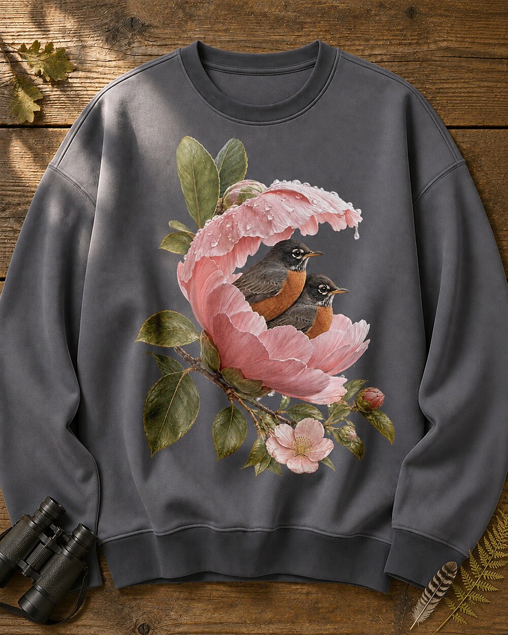American Robin Pair Rose Blossom Birdwatching Sweatshirt for birdwatching enthusiasts – product image 1