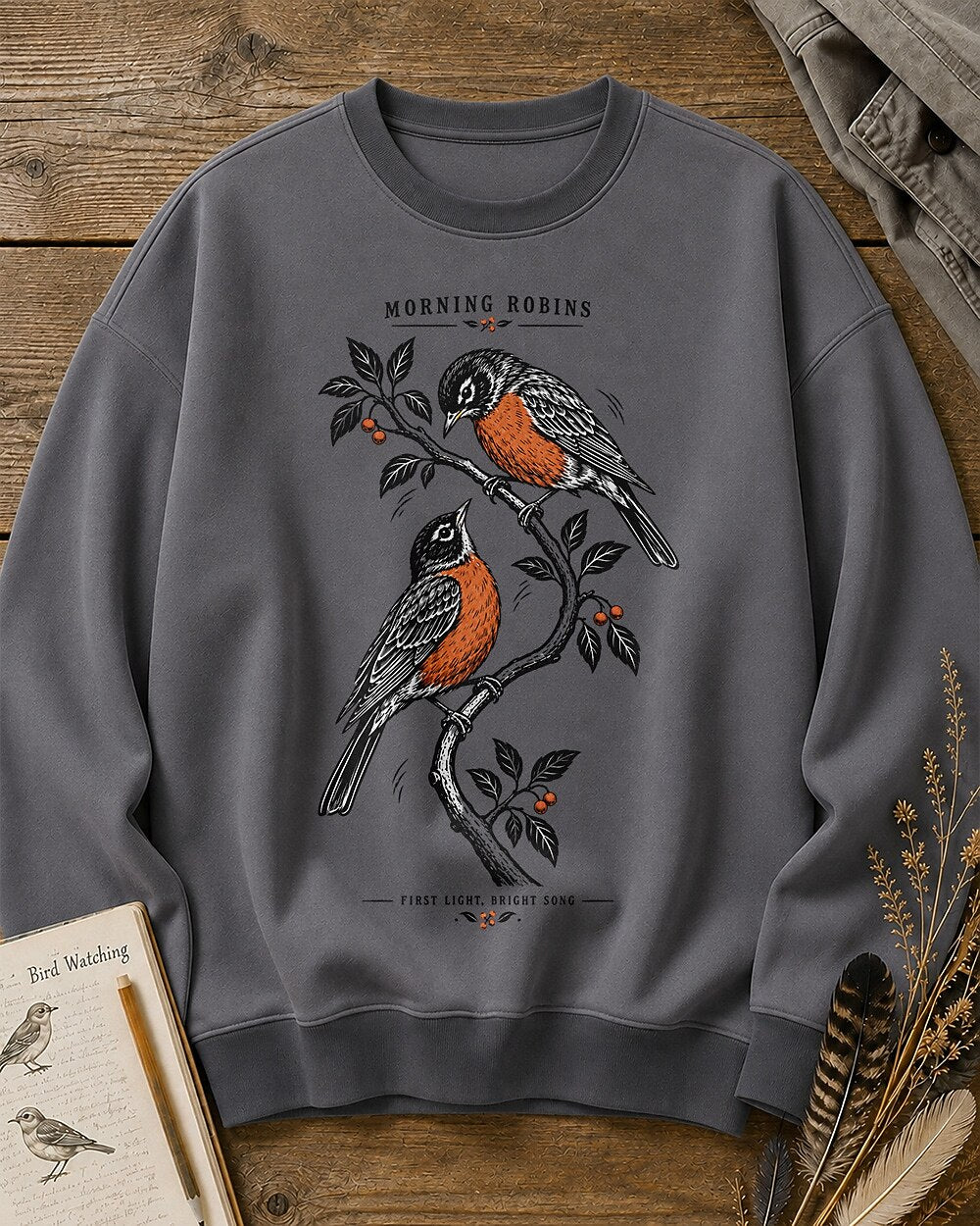 American Robin Pair Winterberry Branch Backyard Bird Watching Sweatshirt