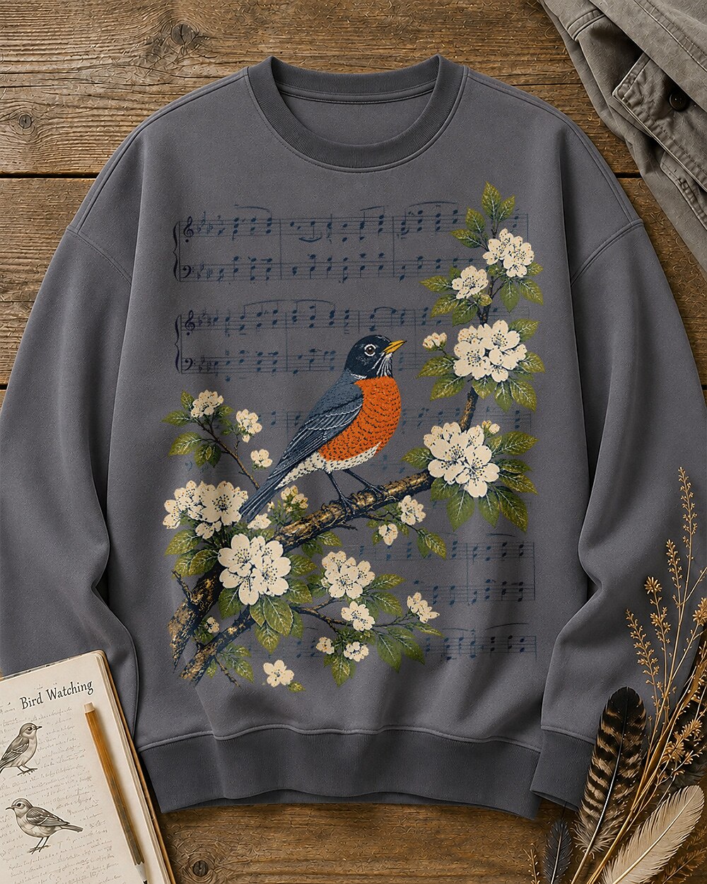 American Robin Apple Blossom Music Birdwatching Sweatshirt