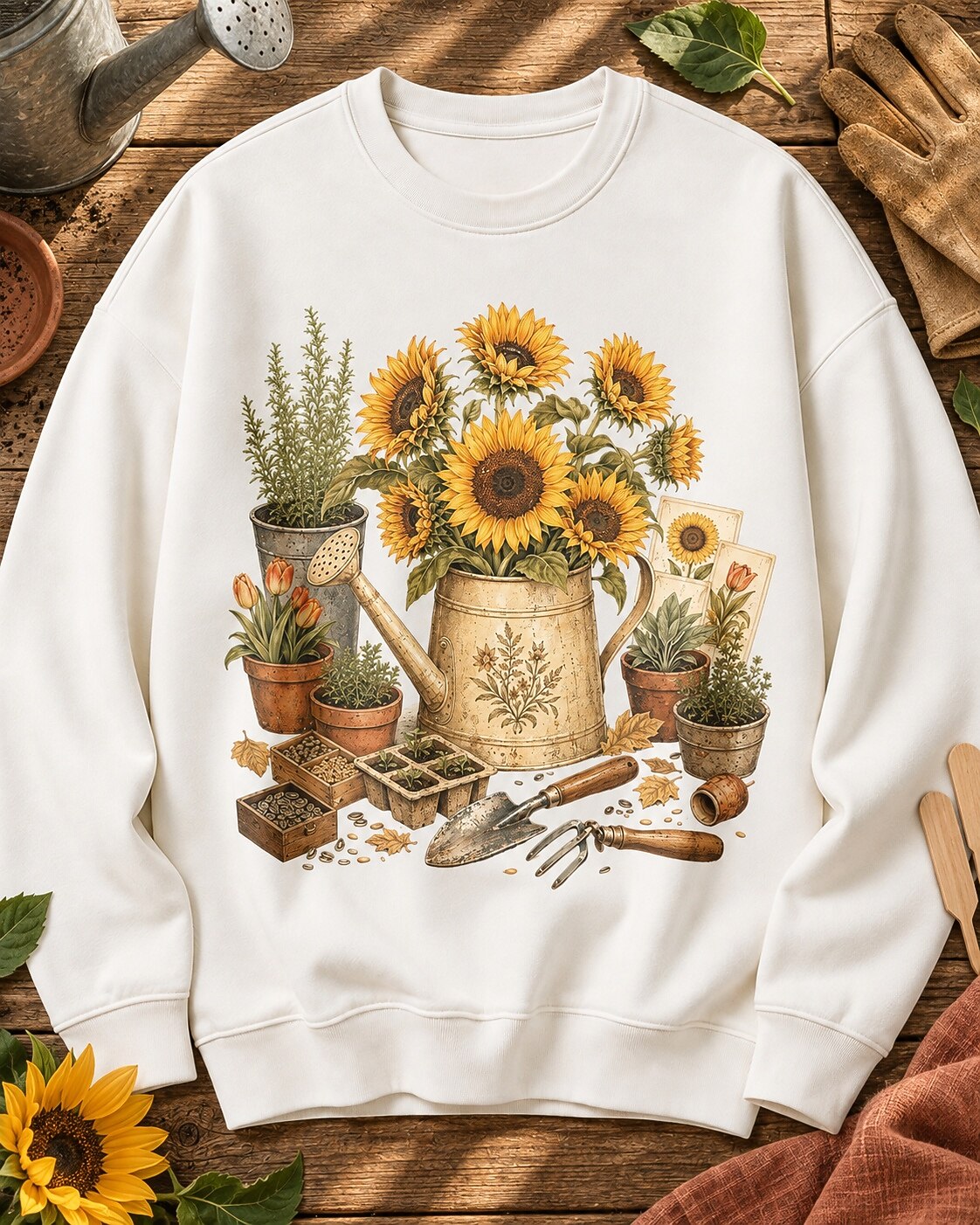 Sunflower Watering Can Cottage Garden Tools Sweatshirt