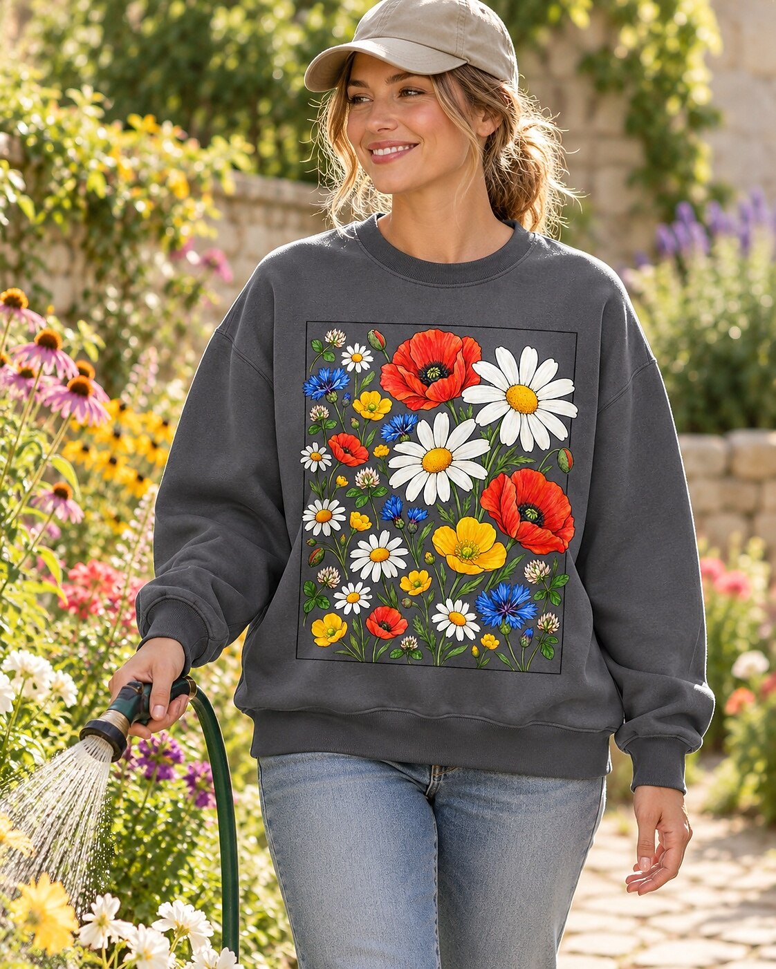 Poppy Daisy Frame Floral Garden Graphic Sweatshirt