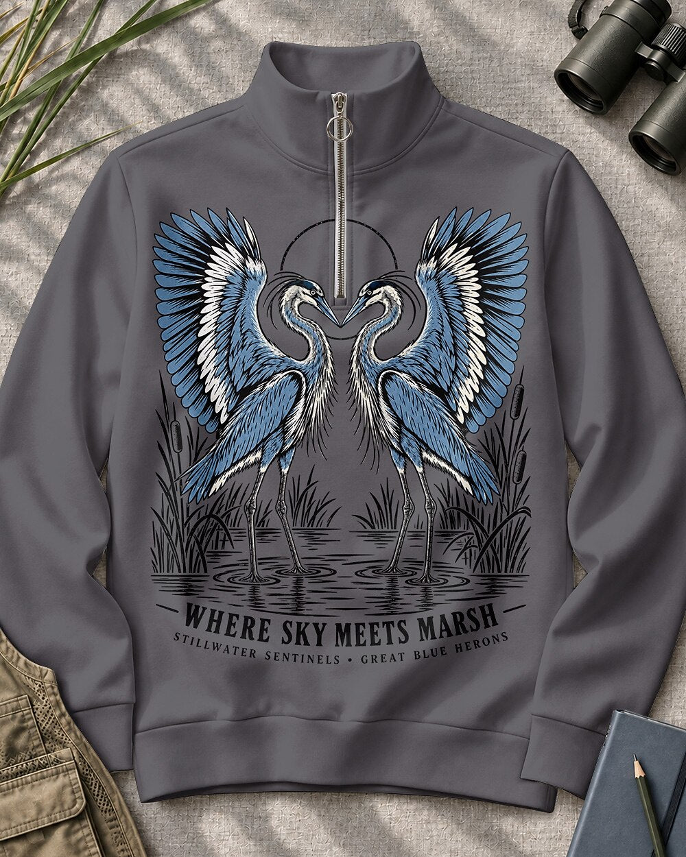Great Blue Heron Pair Birdwatching Quarter-Zip Stretch Sweatshirt Spandex UPF50+