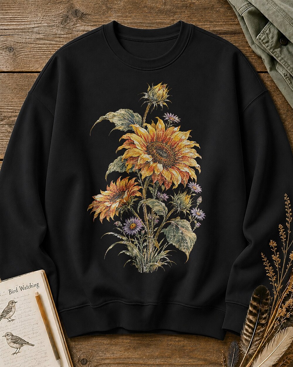 Sunflower Purple Aster Vintage Botanical Garden Sweatshirt