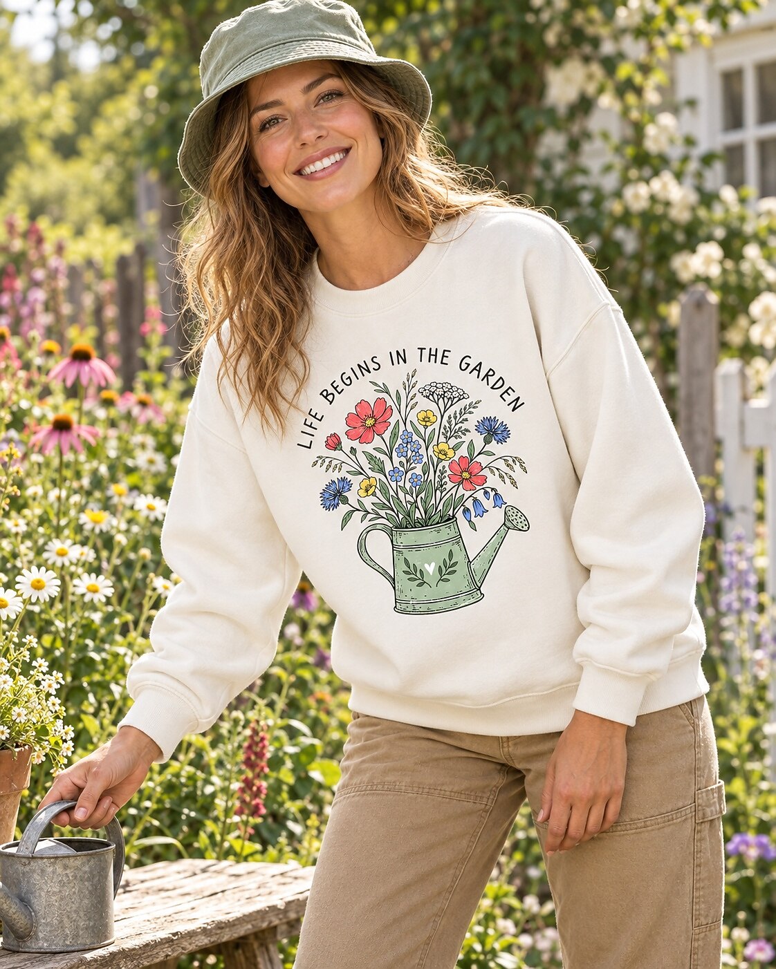 Wildflower Floral Watering Can Garden Life Begins Sweatshirt