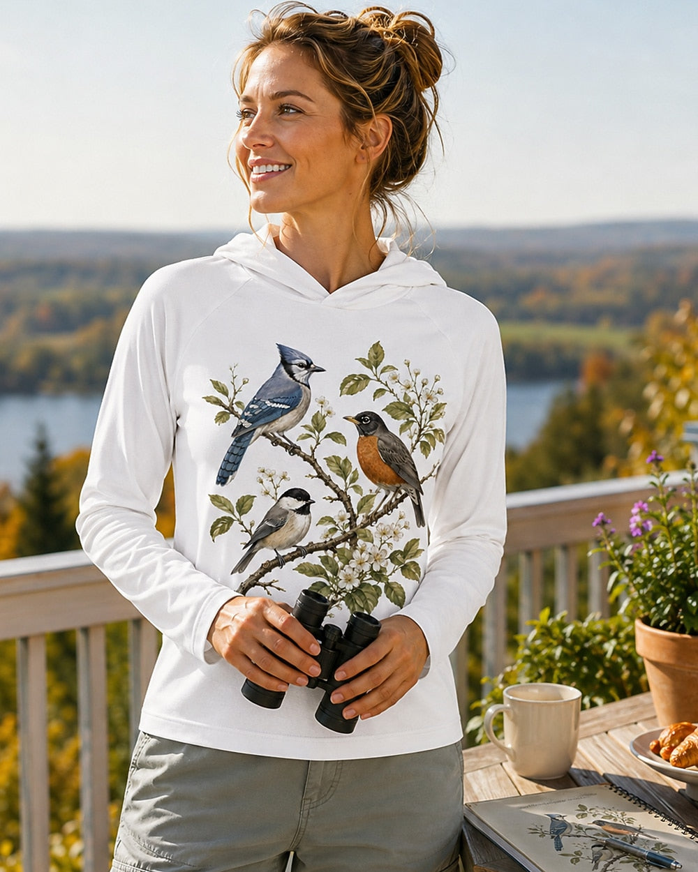 UPF 50+ Blue Jay American Robin Garden Sun Hoodie for birdwatching and garden lovers – product image 2