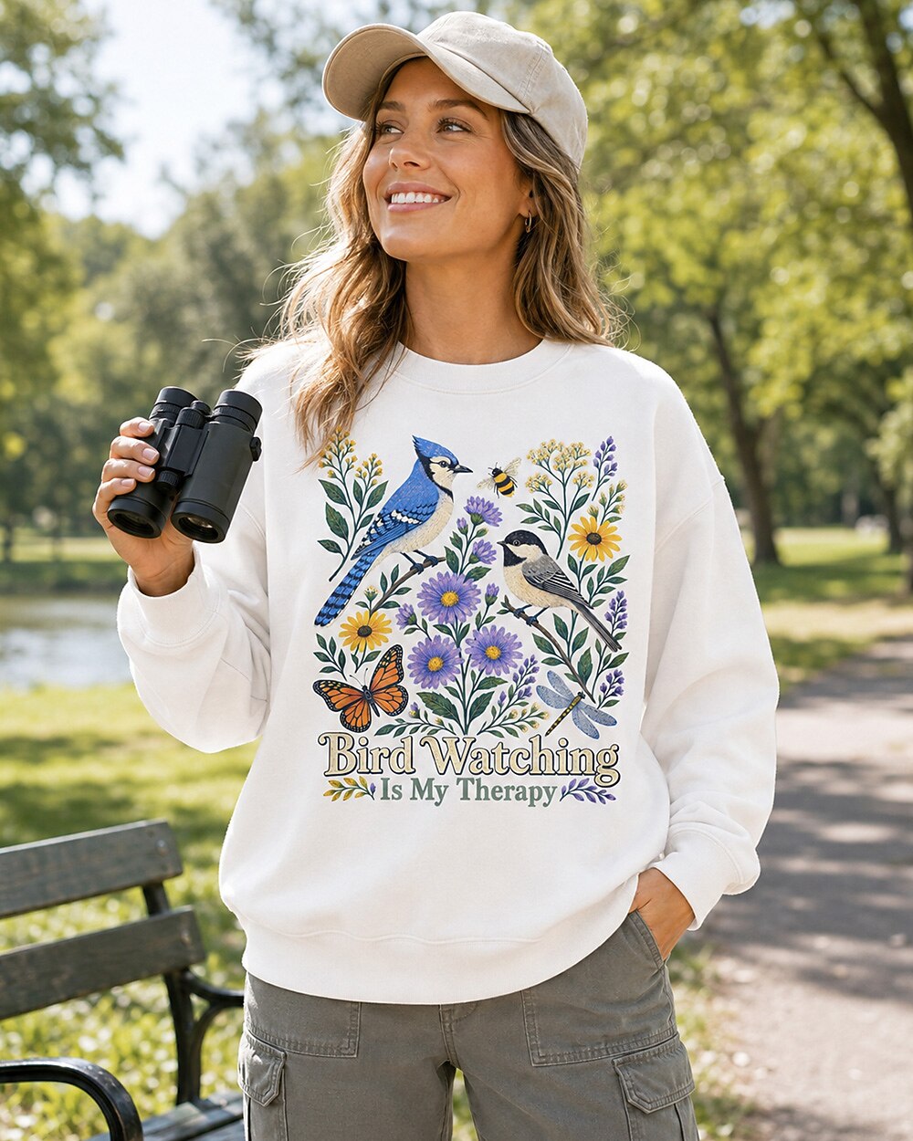 Blue Jay Chickadee Sunflower Bird Watching Therapy Sweatshirt for birdwatching and garden lovers – product image 2