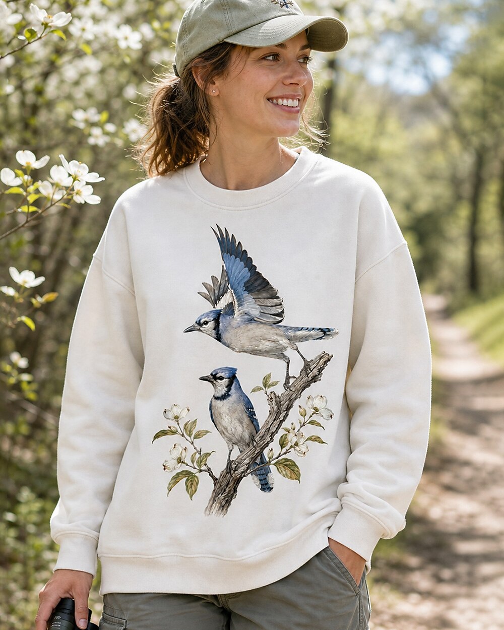 Blue Jay Pair Dogwood Blossom Birdwatching Sweatshirt for birdwatching enthusiasts – product image 2