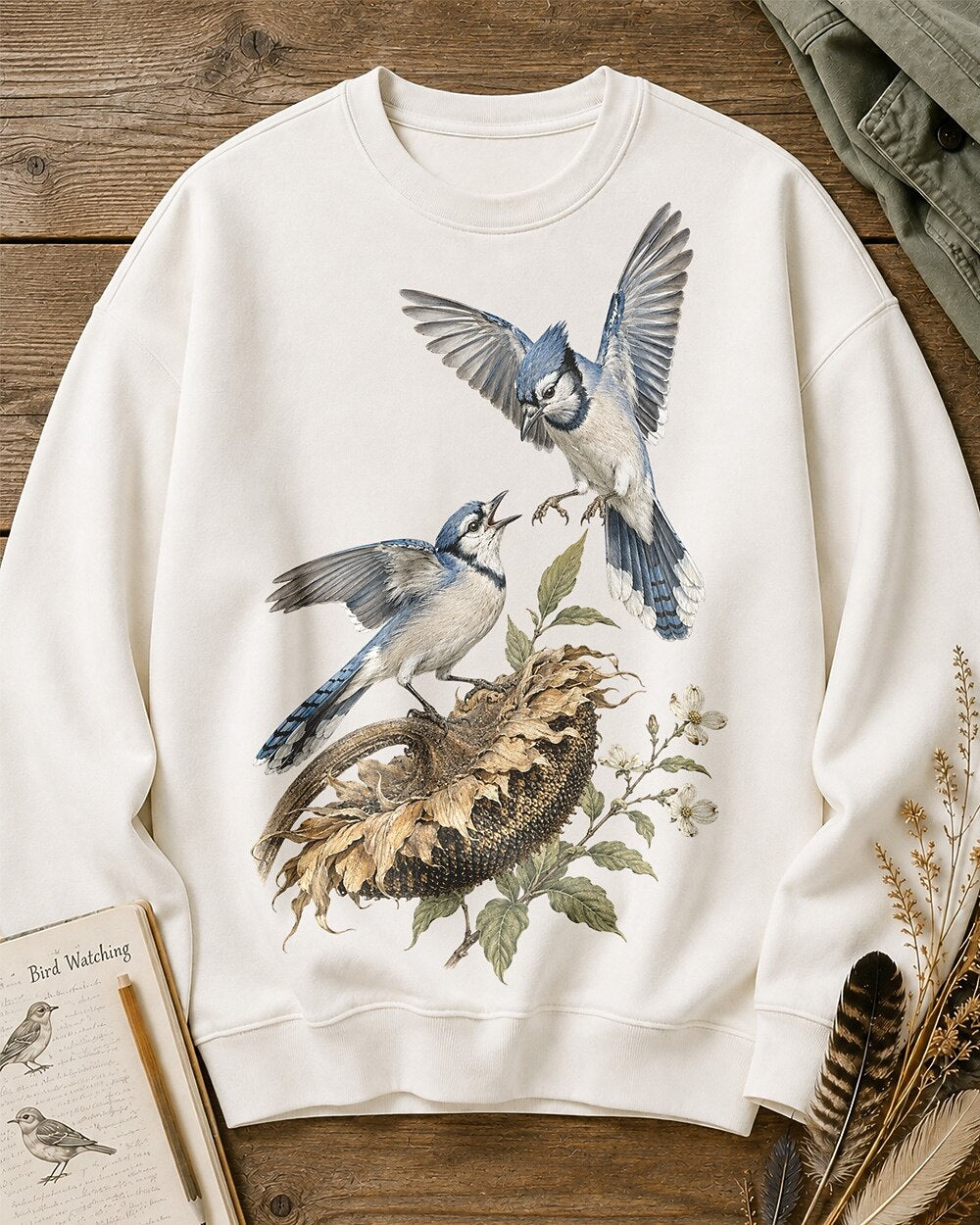 Blue Jay Pair Sunflower Country Garden Sweatshirt for garden and nature lovers – product image 5
