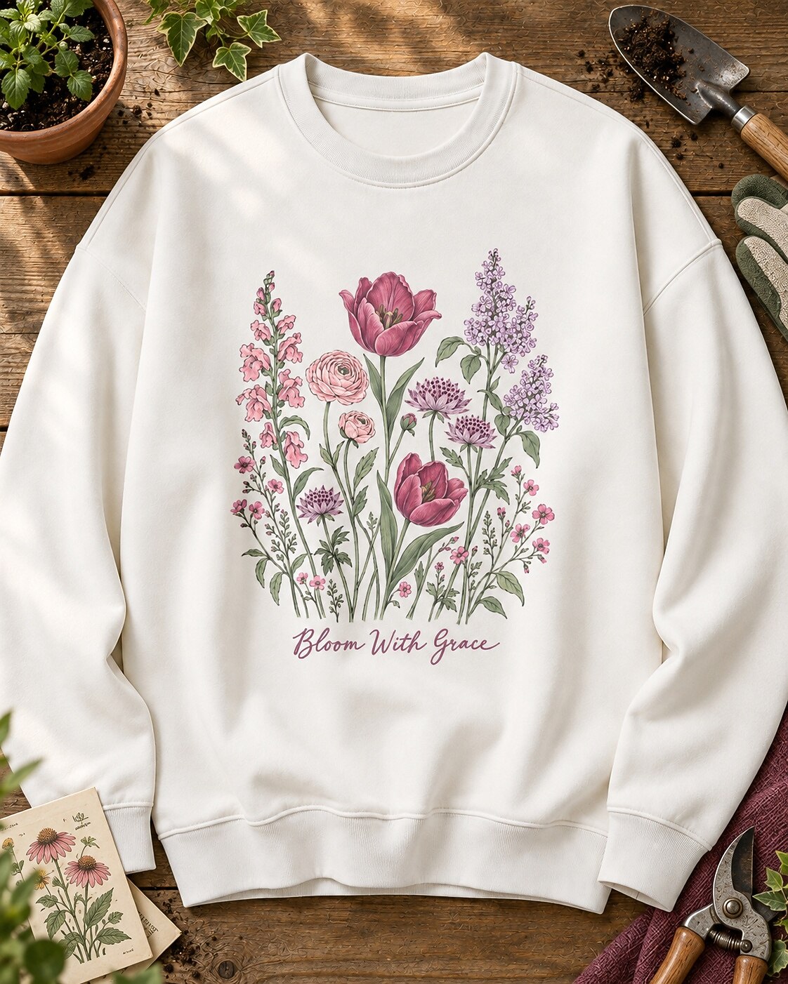 Pink Tulip Ranunculus Lilac Wildflower Garden Sweatshirt