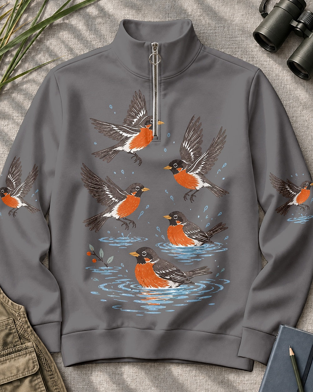 American Robin Bird Bath UPF50+ Spandex Quarter-Zip Stretch Sweatshirt